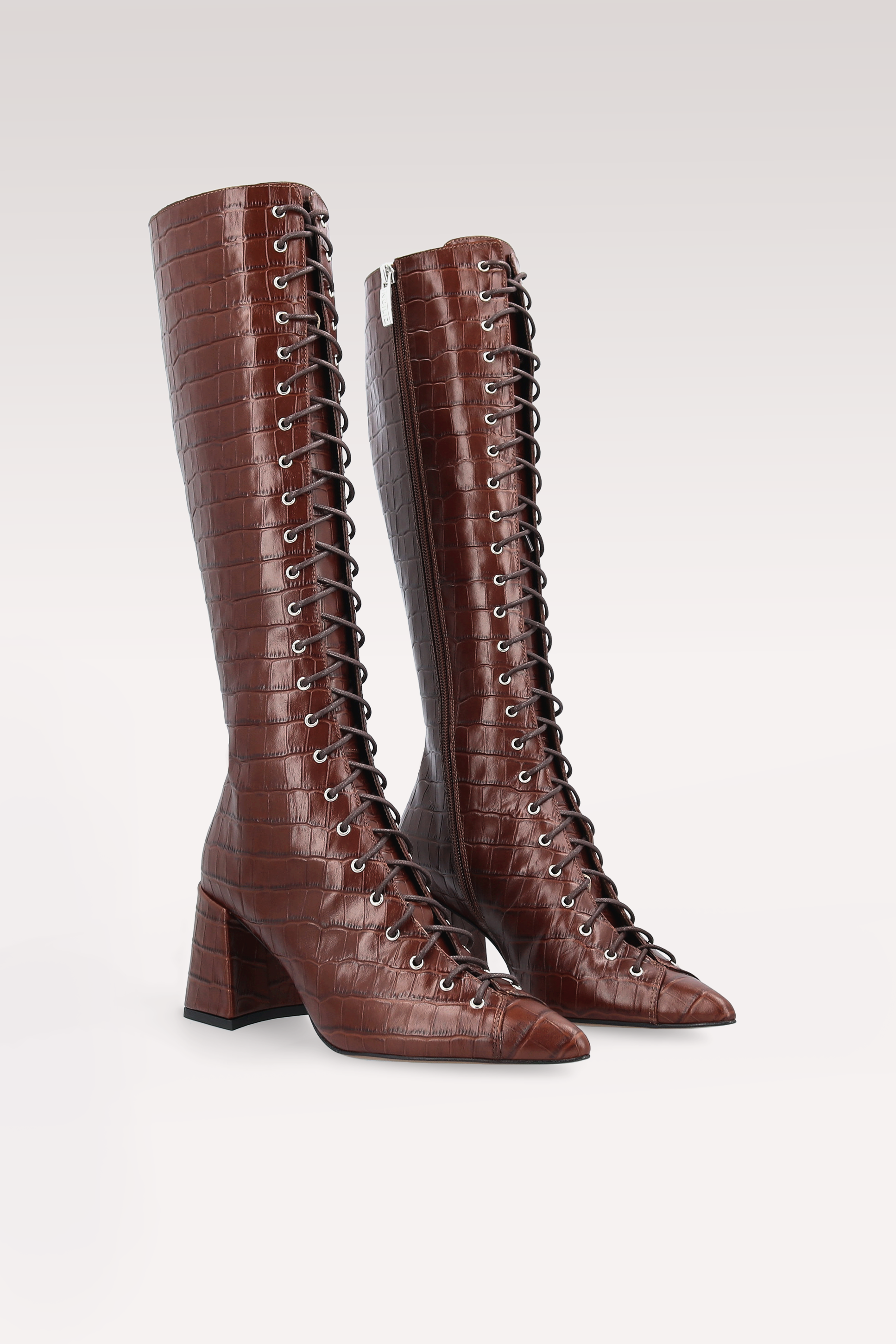 MONICA 03 BROWN CROCO EMBOSSED LEATHER BOOTS