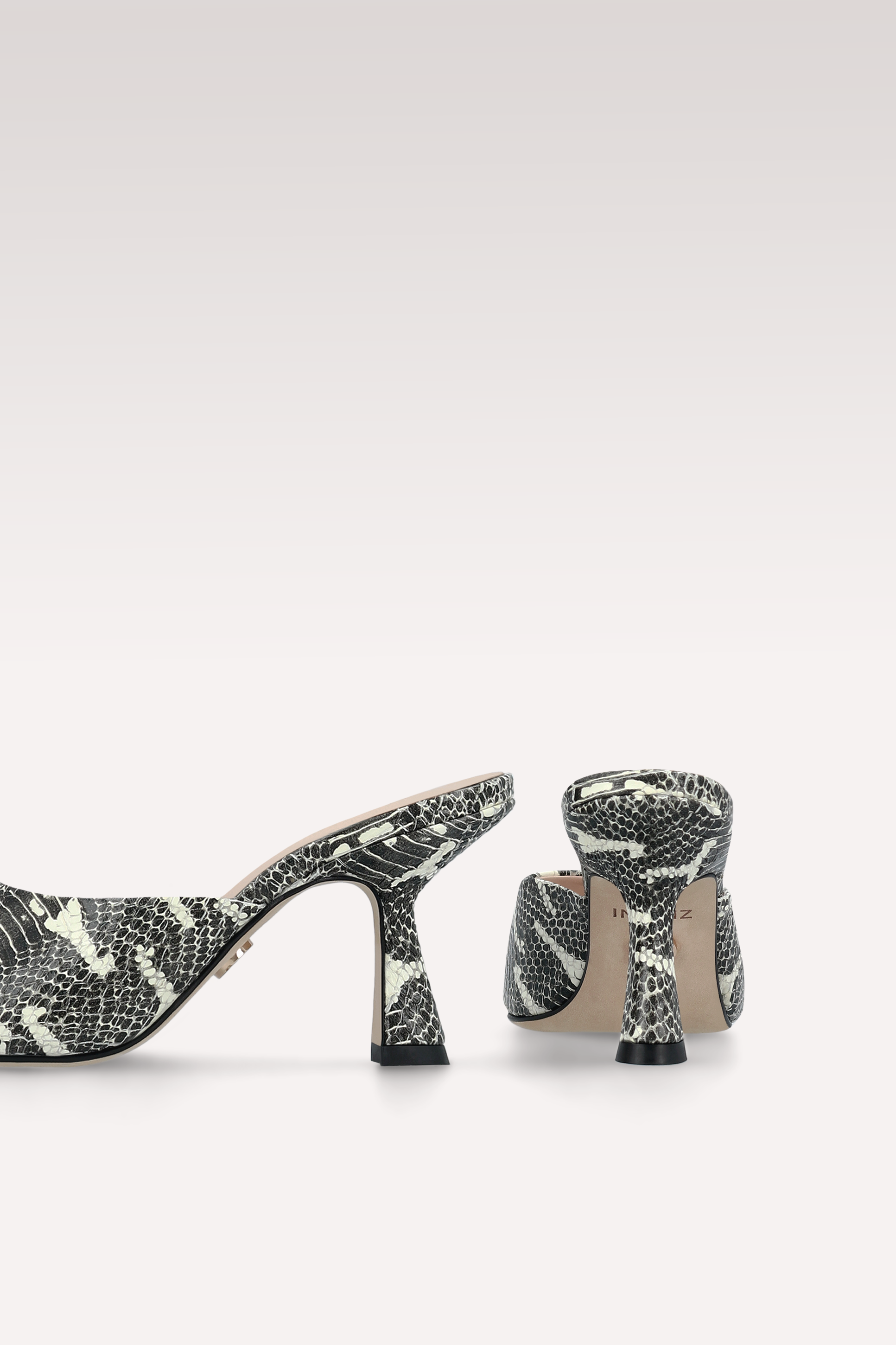 RENY BLACK AND WHITE PYTHON PRINTED LEATHER MULES