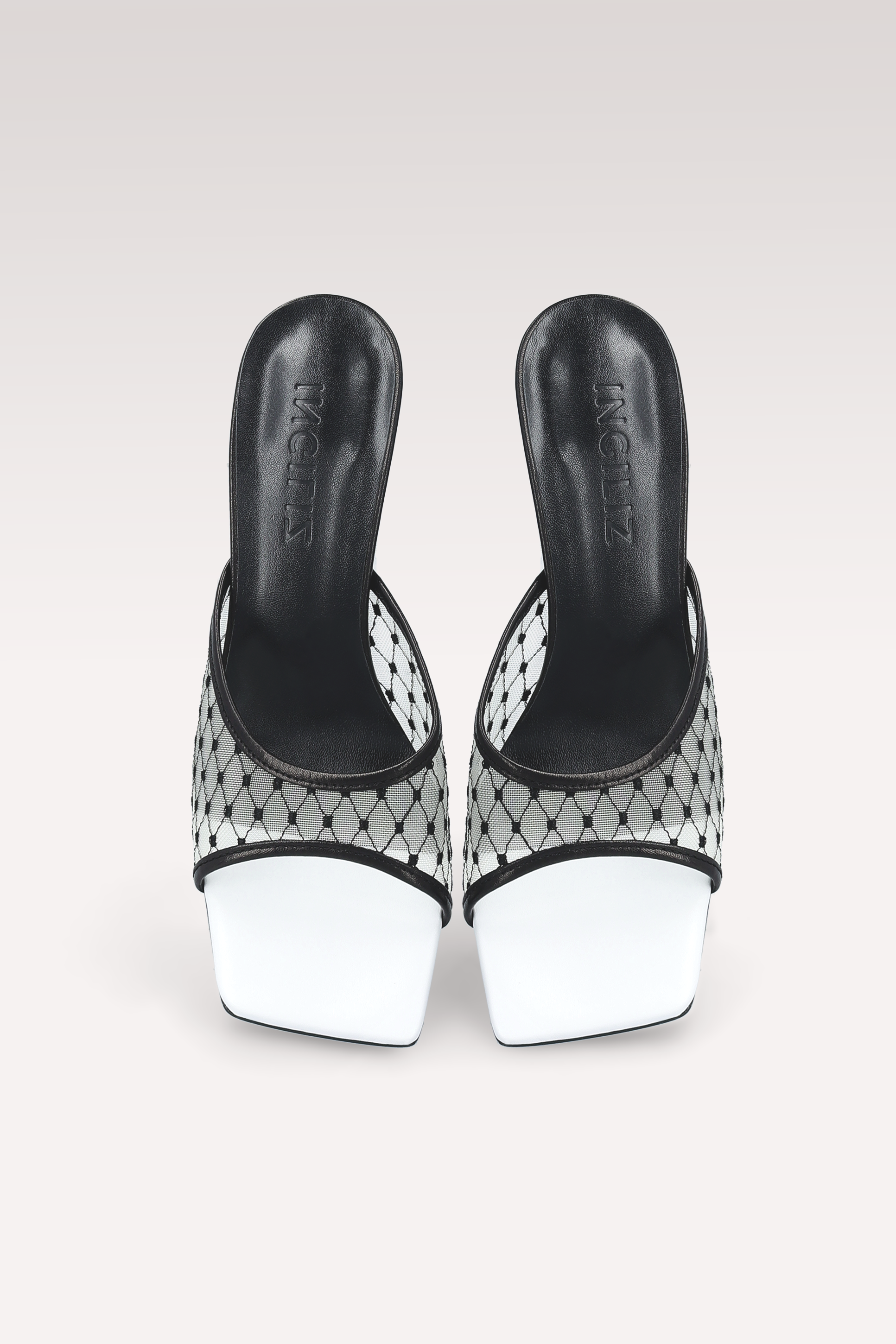 REY BLACK AND WHITE LEATHER AND DIAMOND MESH MULES