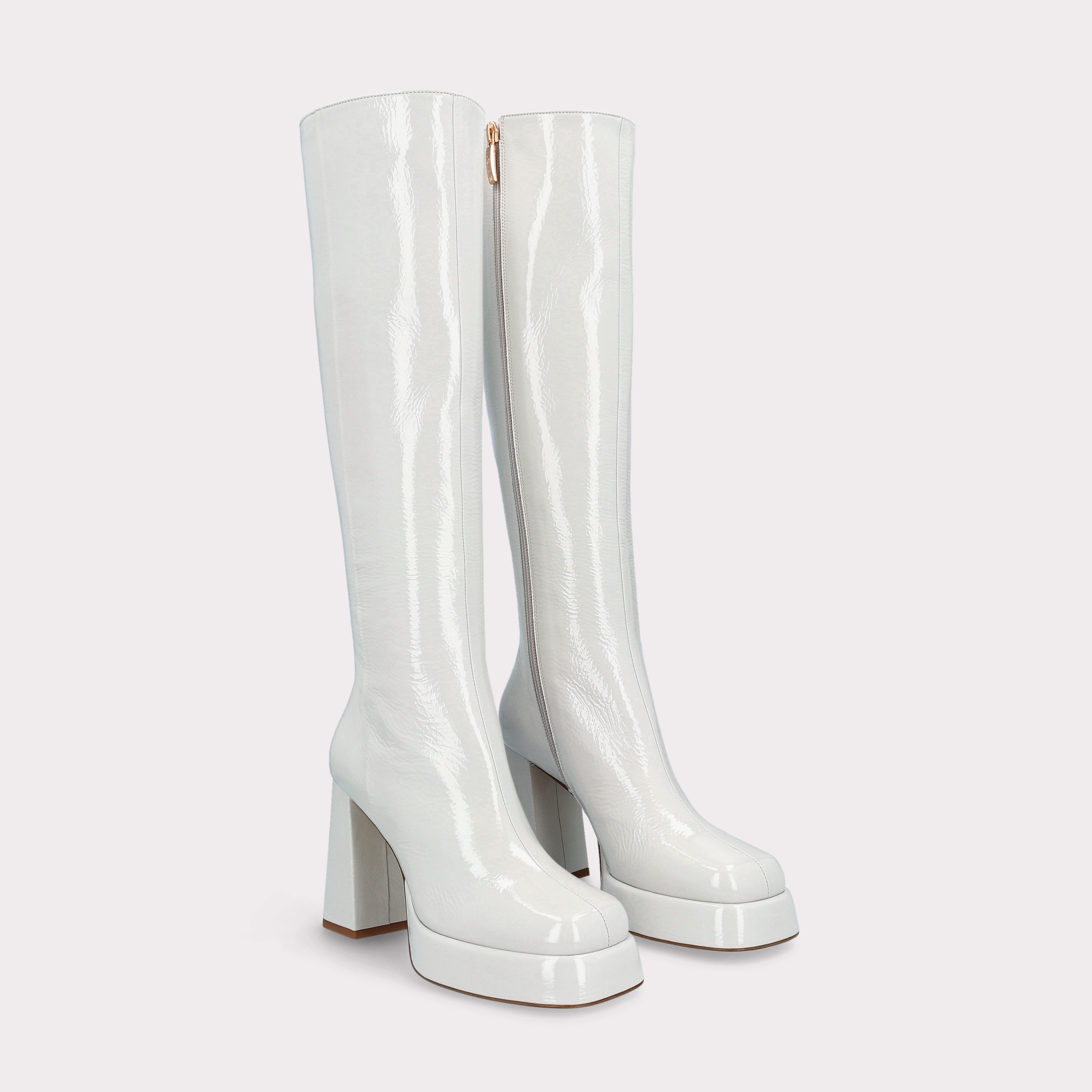 CINDY 01 STORM GRAY CRUSHED PATENT LEATHER PLATFORM BOOTS