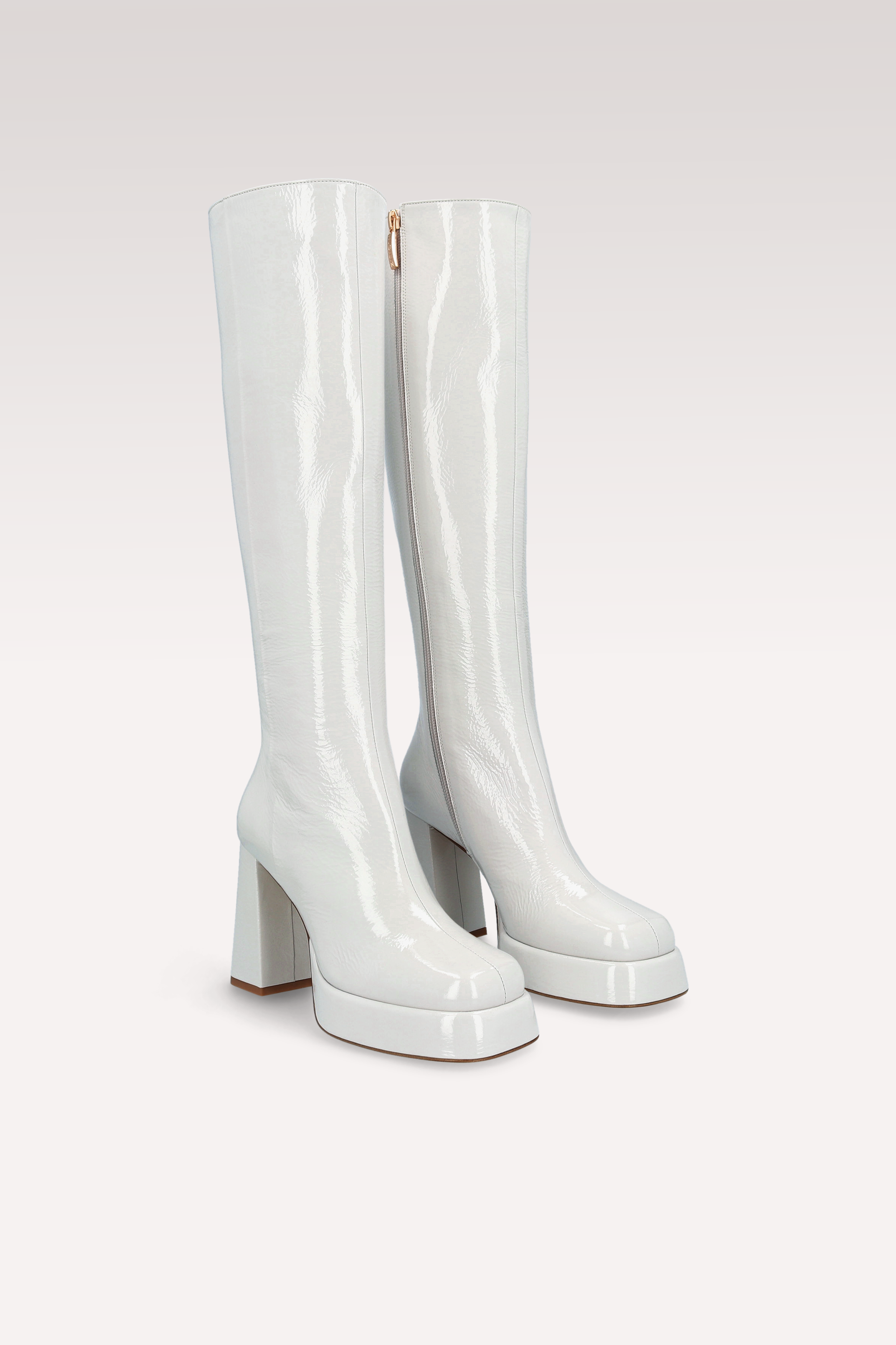 CINDY 01 STORM GRAY CRUSHED PATENT LEATHER PLATFORM BOOTS