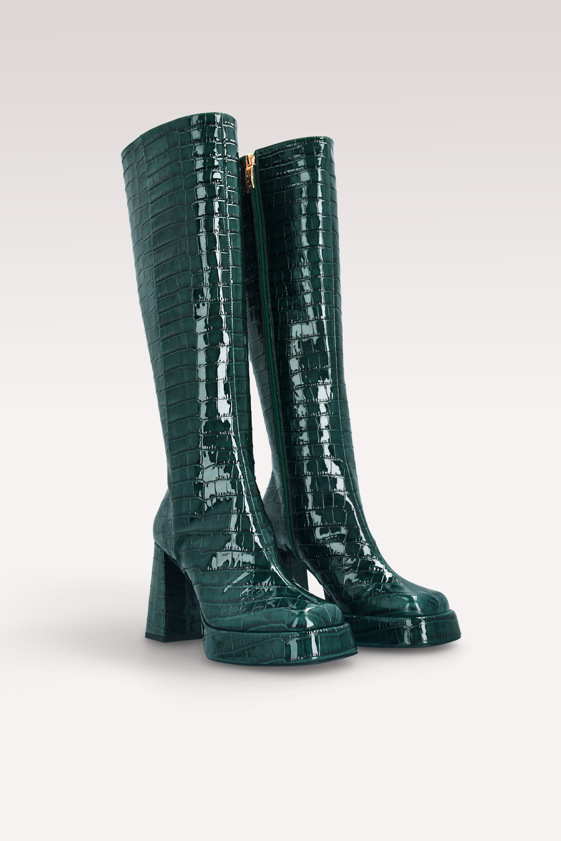 CINDY BOOT 01 GREEN PATENT CROCO EMBOSSED LEATHER PLATFORM BOOTS