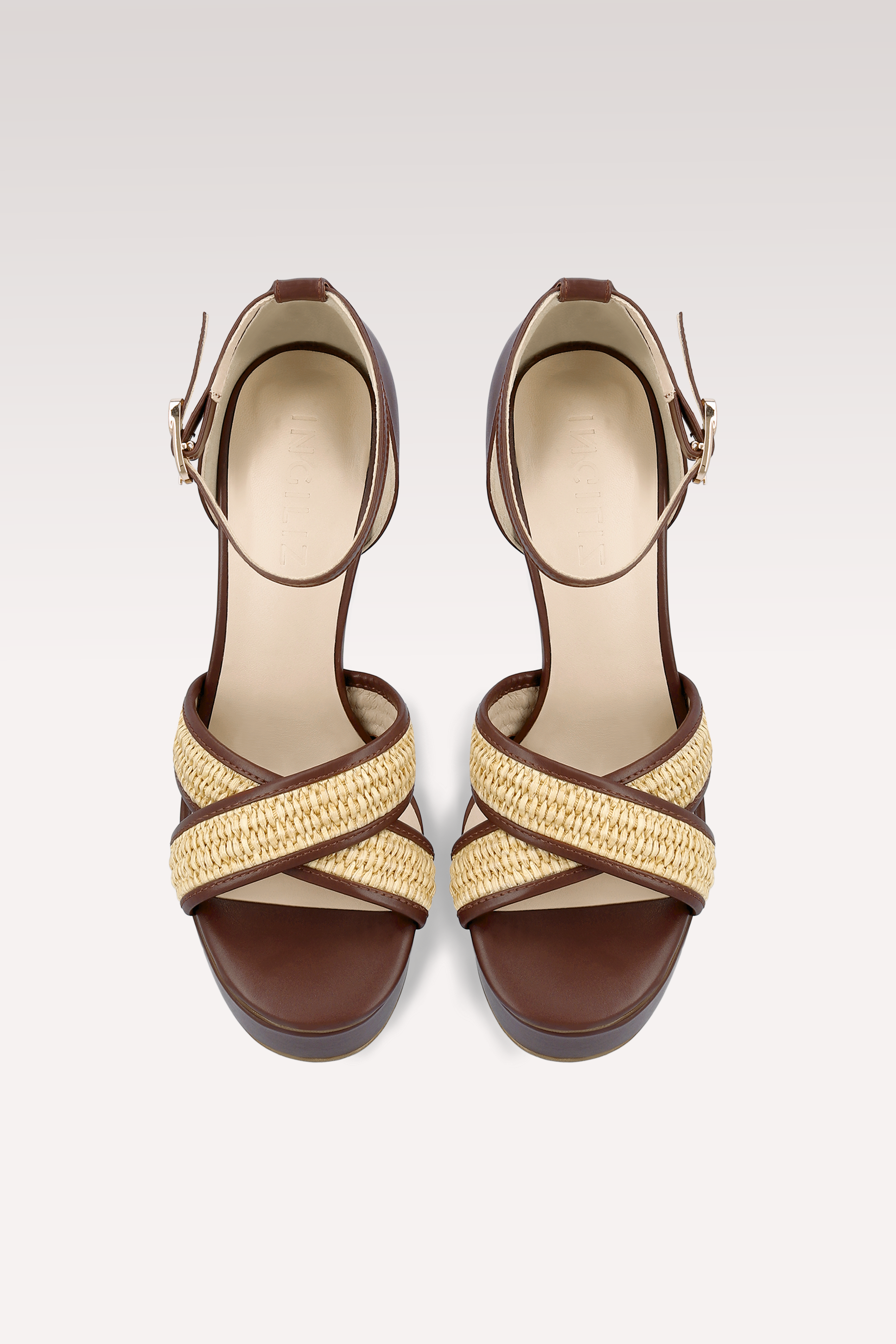 PATTY RAFFIA AND CHOCOLATE BROWN LEATHER PLATFORM SANDALS