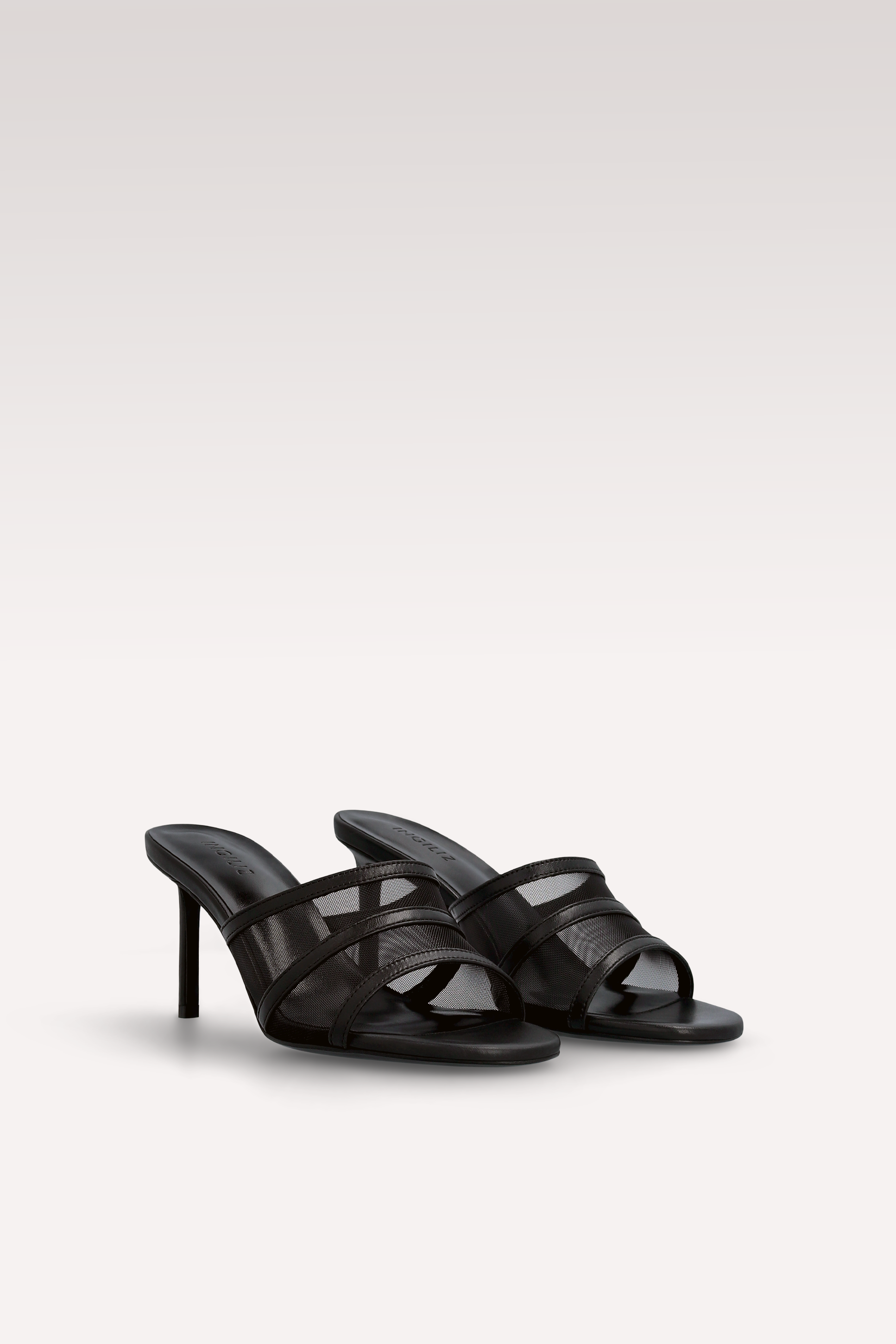 ADELINE BLACK LEATHER AND BLACK MESH MULES
