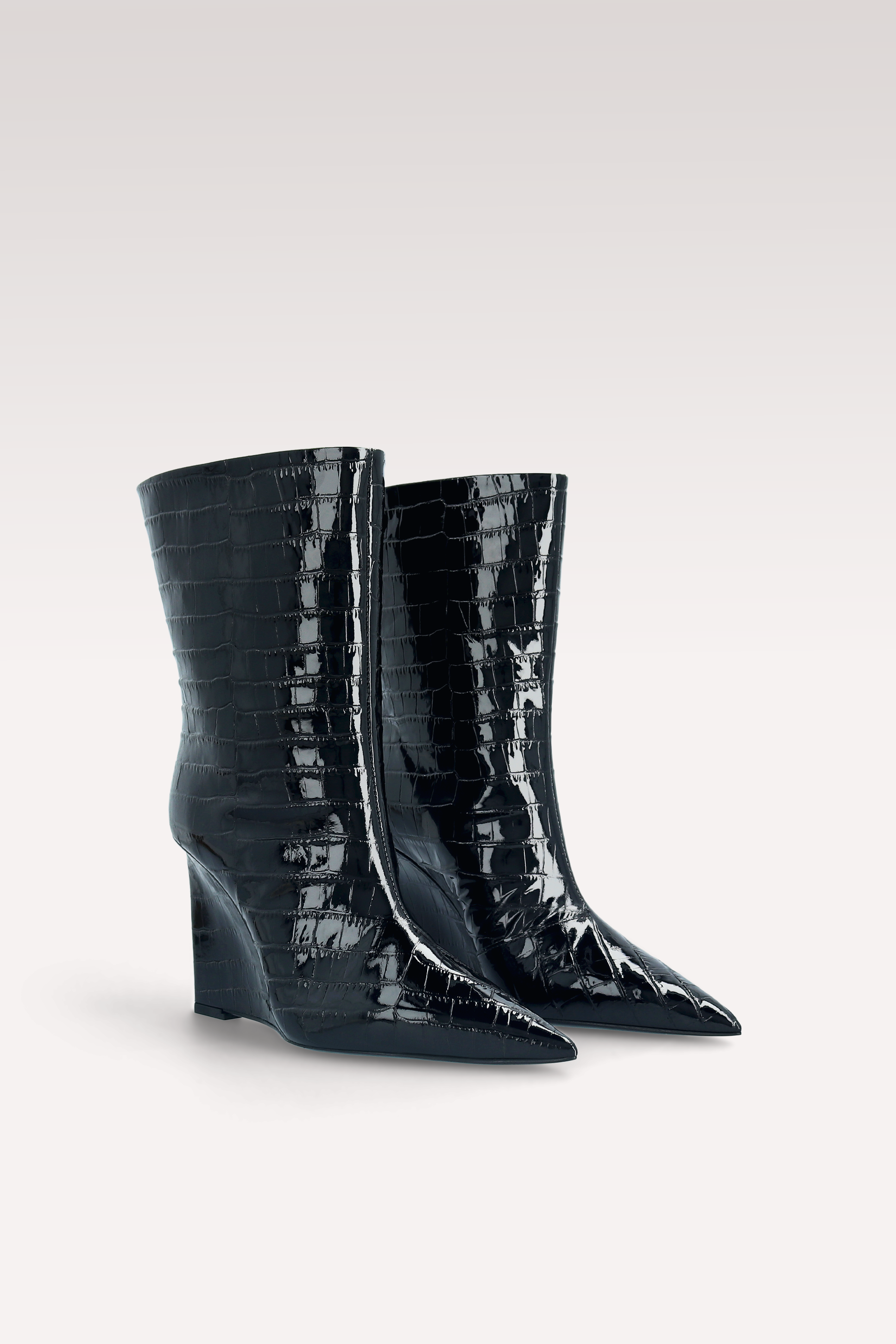 ZEUDI 01 BLACK PATENT CROCO EMBOSSED LEATHER EDGE HEEL ANKLE BOOTS