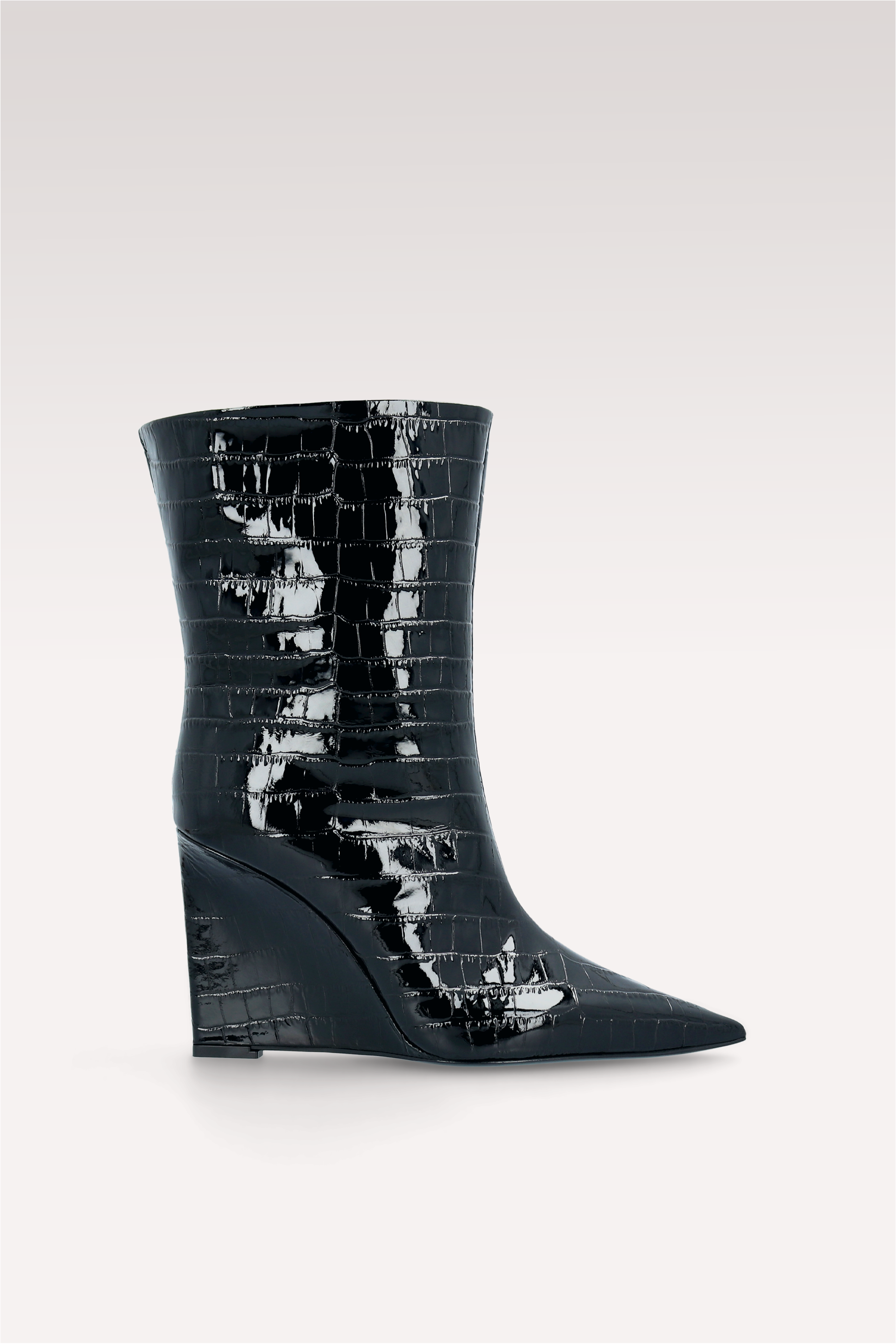 ZEUDI 01 BLACK PATENT CROCO EMBOSSED LEATHER EDGE HEEL ANKLE BOOTS