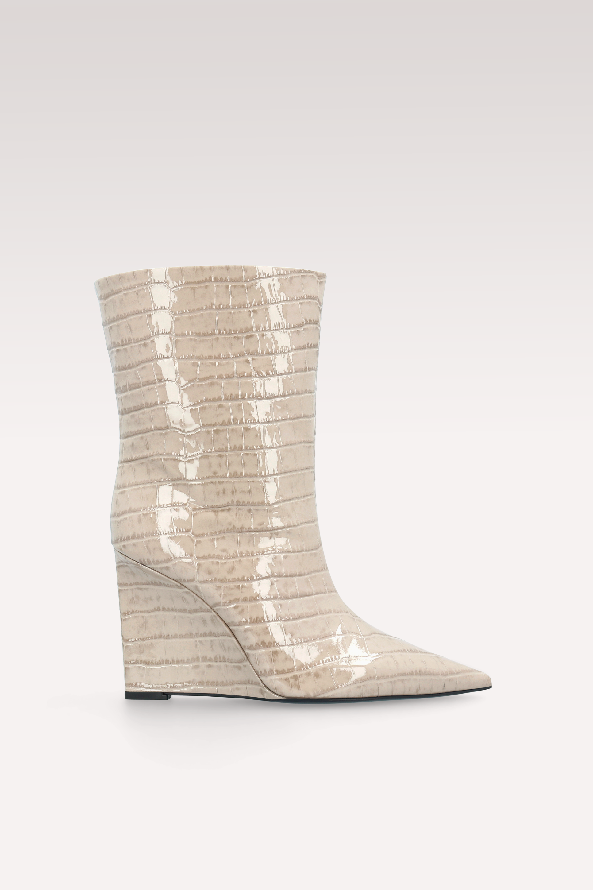 ZEUDI 01 BEIGE PATENT CROCO EMBOSSED LEATHER EDGE HEEL ANKLE BOOTS