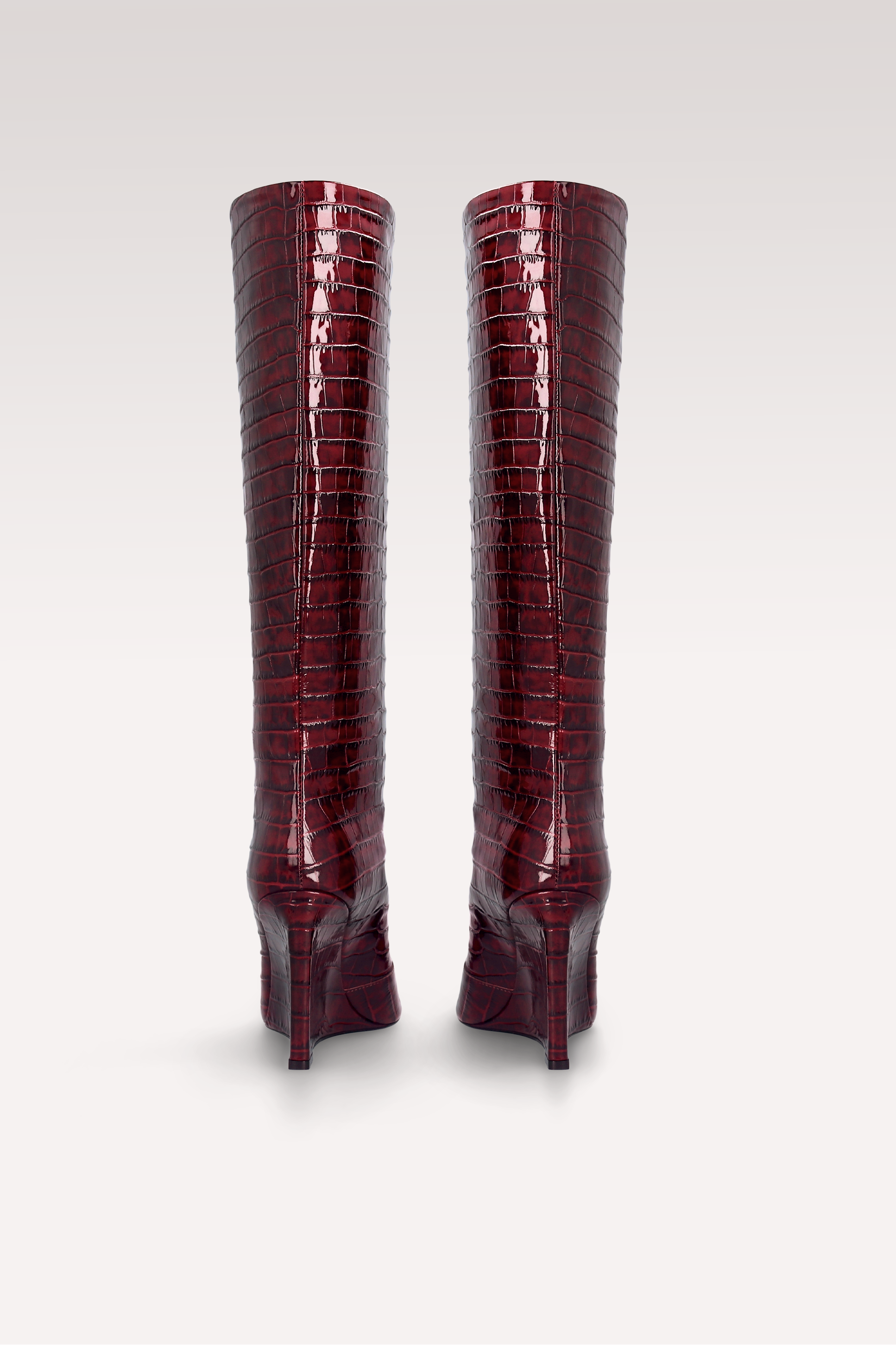 ZEUDI 02 BURGUNDY PATENT CROCO EMBOSSED LEATHER EDGE HEEL BOOTS
