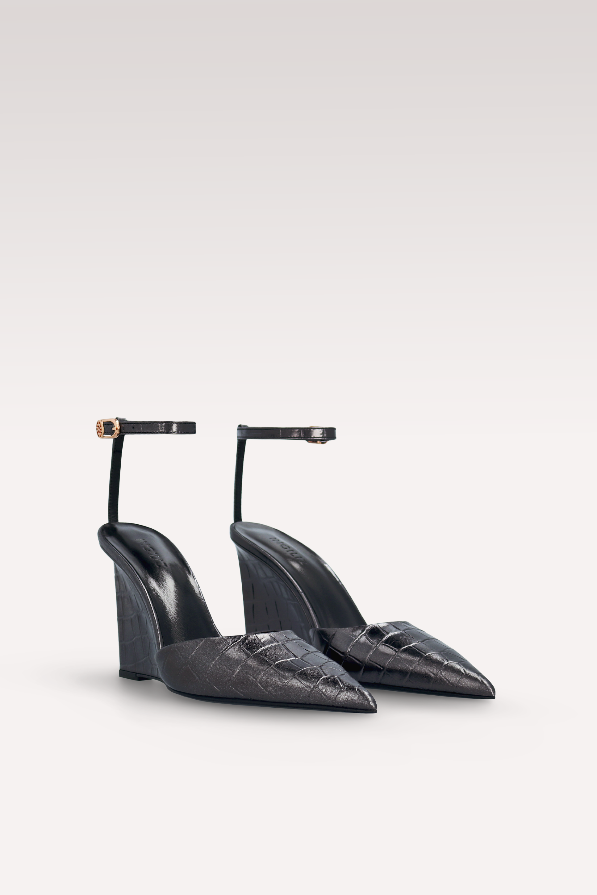 MONA GUNMETAL COLOR CROCO EMBOSSED LEATHER SANDALS
