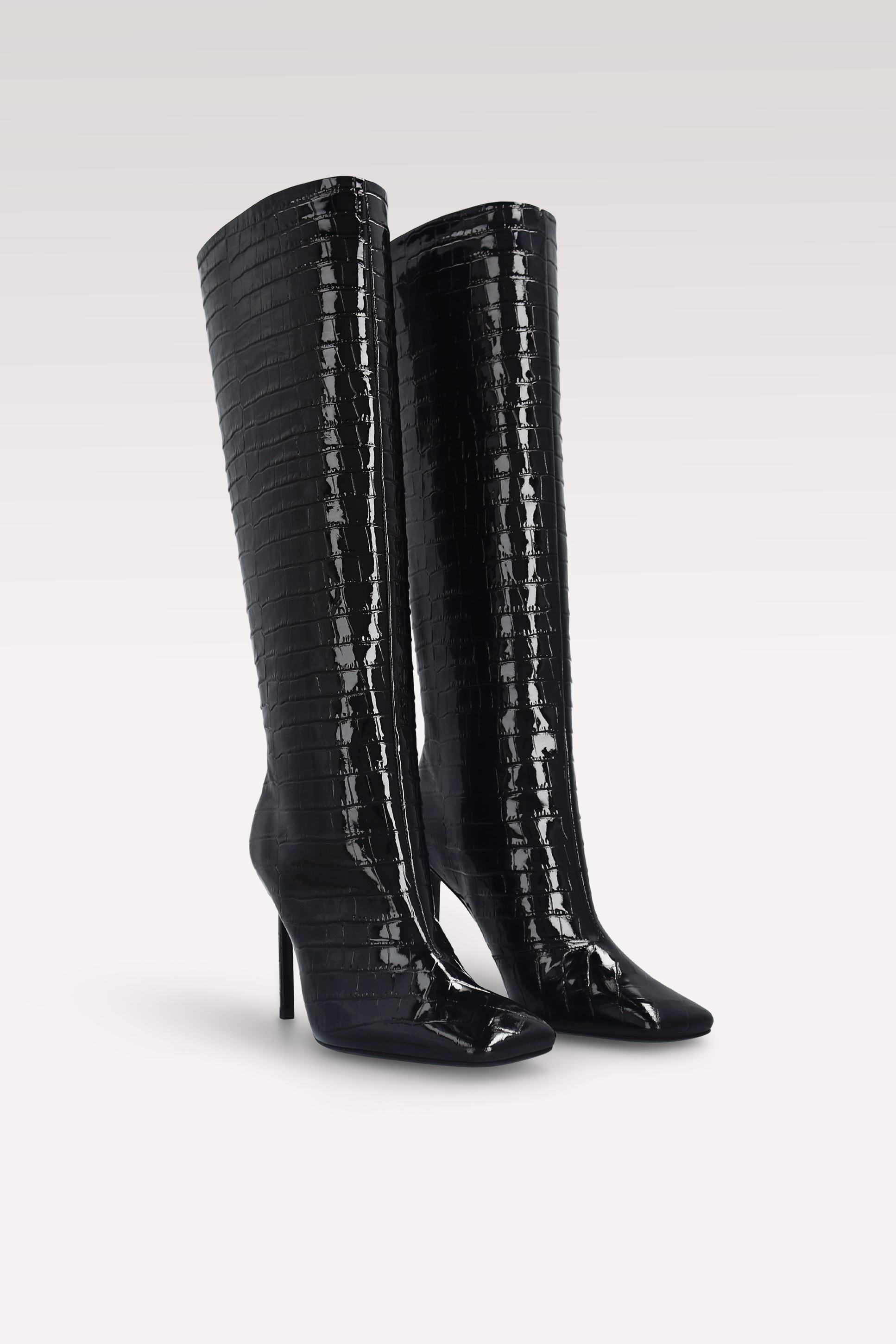 GINEVRA 02 BLACK PATENT CROCO EMBOSSED LEATHER BOOTS