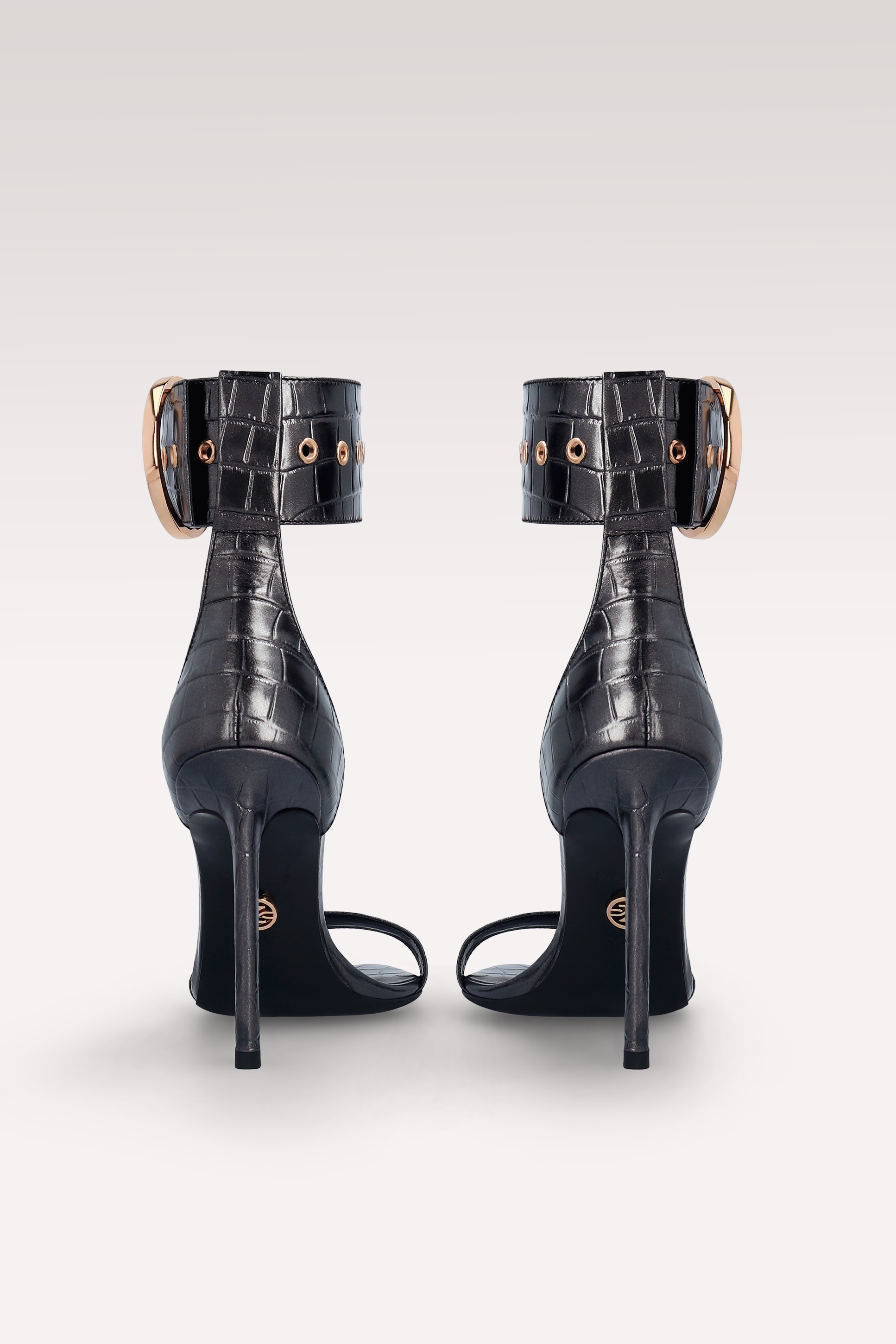 ADELE 01 GUNMETAL COLOR CROCO EMBOSSED LEATHER SANDALS