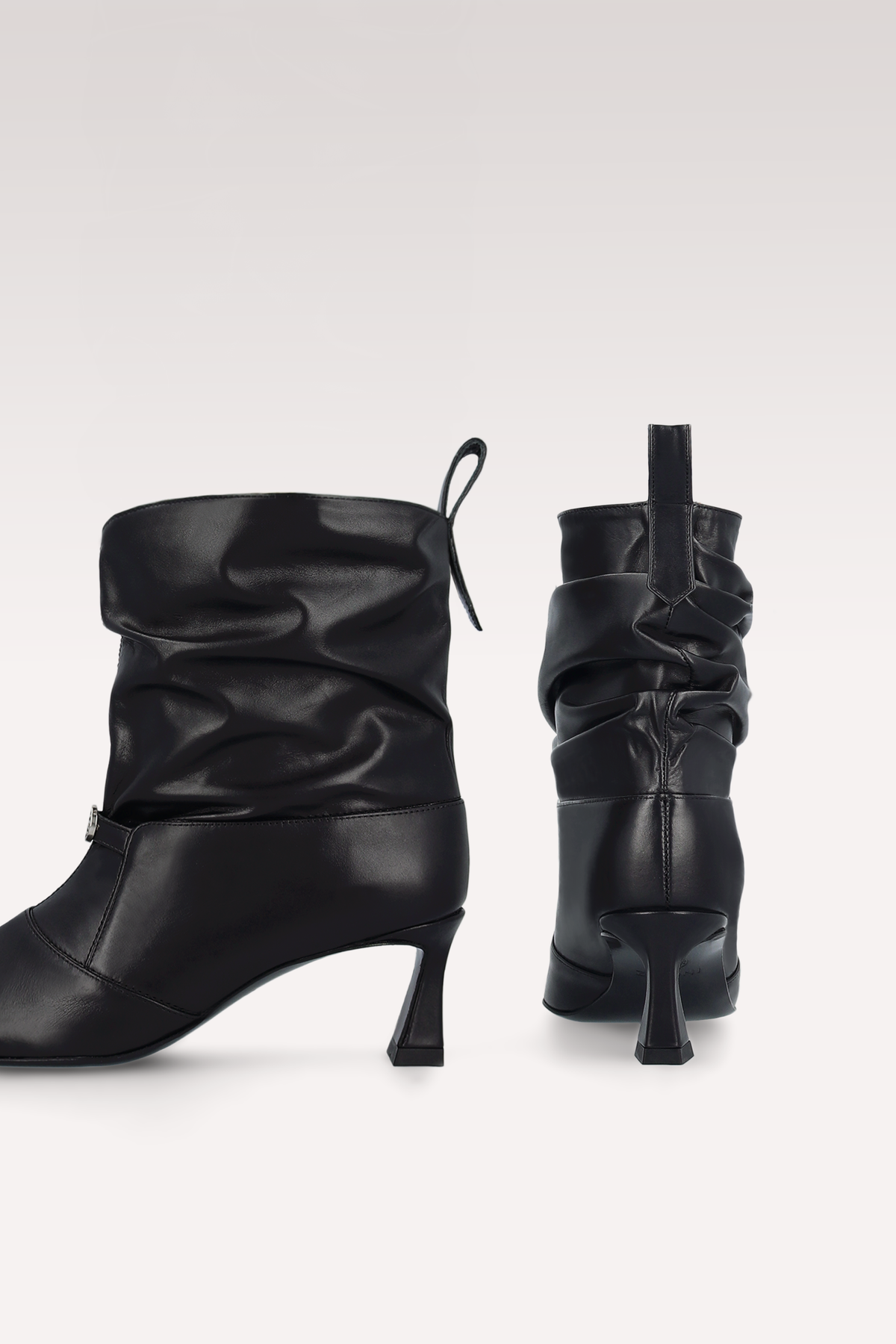 MIRA RUCHED BLACK LEATHER ANKLE BOOTS