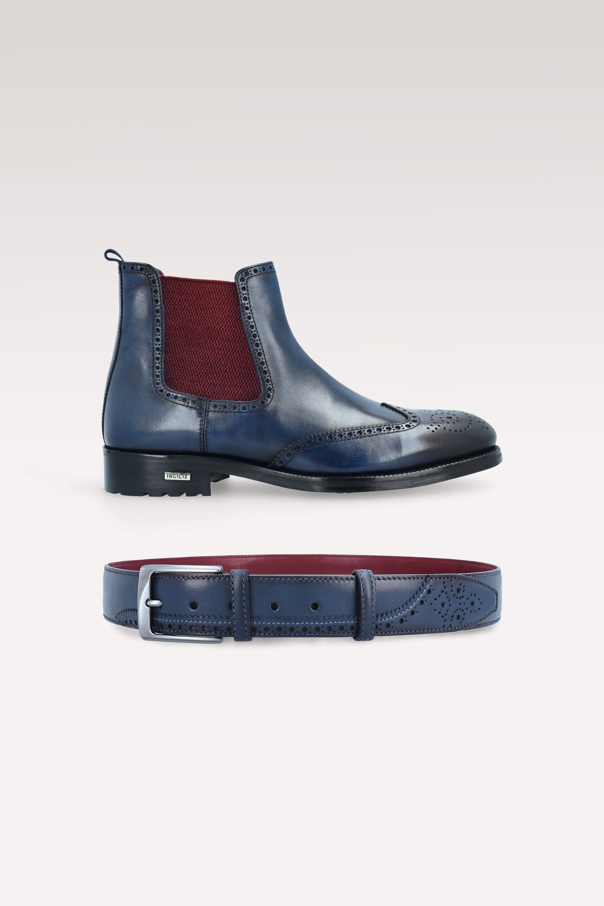 MODENA 01 DARK BLUE LEATHER CHELSEA BOOTS AND JASON LEATHER BELT
