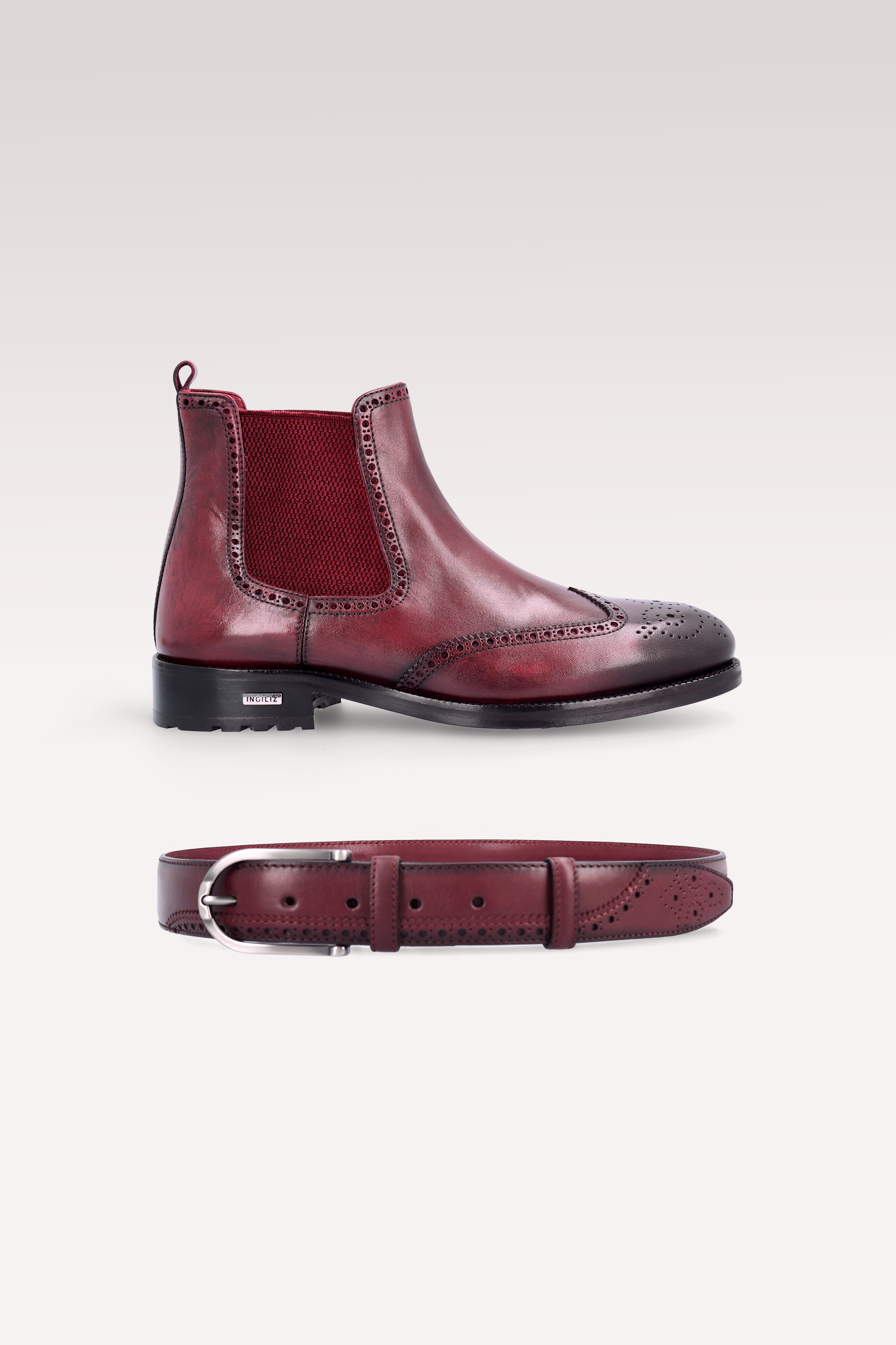 MODENA 01 BORDEAUX LEATHER CHELSEA BOOTS AND JASON LEATHER BELT