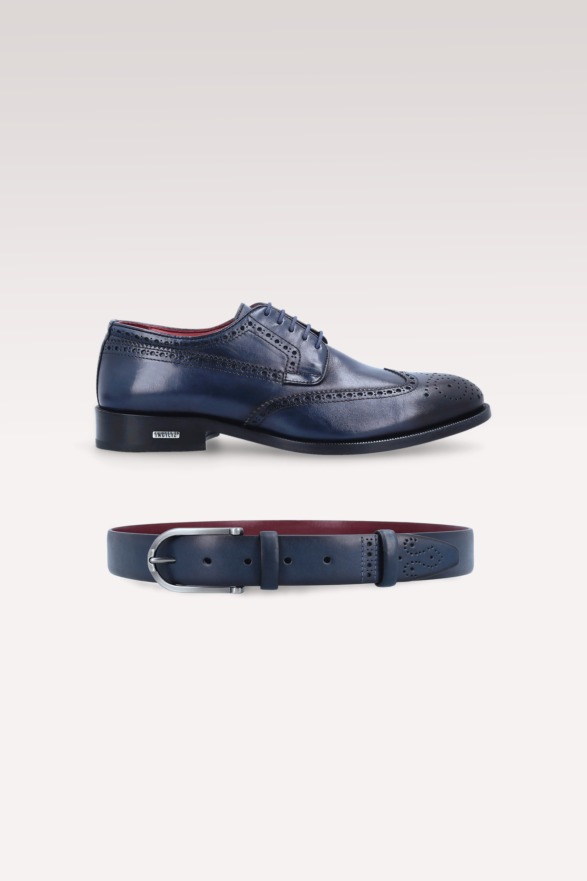 BERGAMO 01 BLUE LEATHER DERBY SHOES AND ALEN LEATHER BELT
