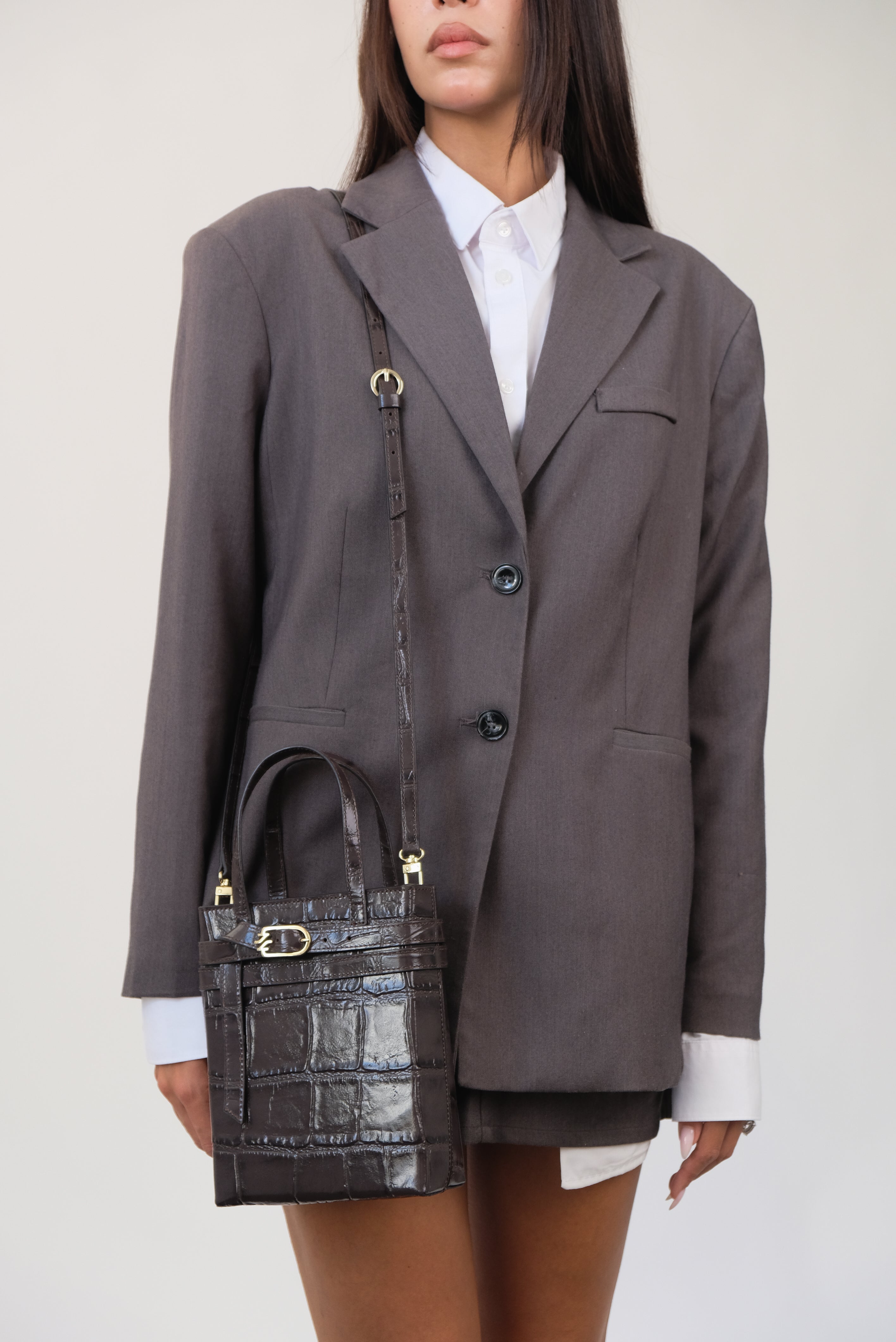 CARRIE BROWN COCCO EMBOSSED LEATHER CROSSBODY BAG