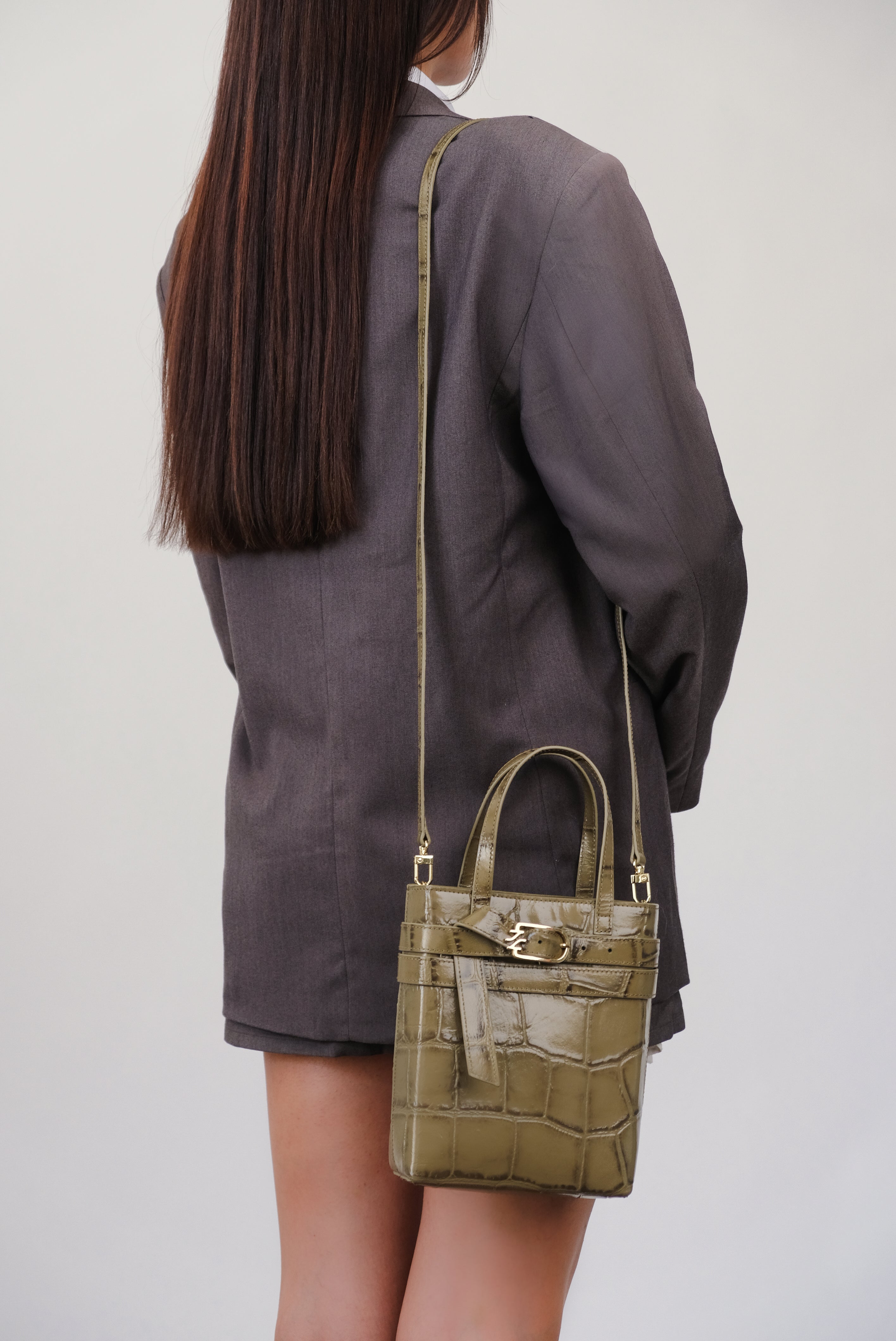 CARRIE OLIVE COCCO EMBOSSED LEATHER CROSSBODY BAG