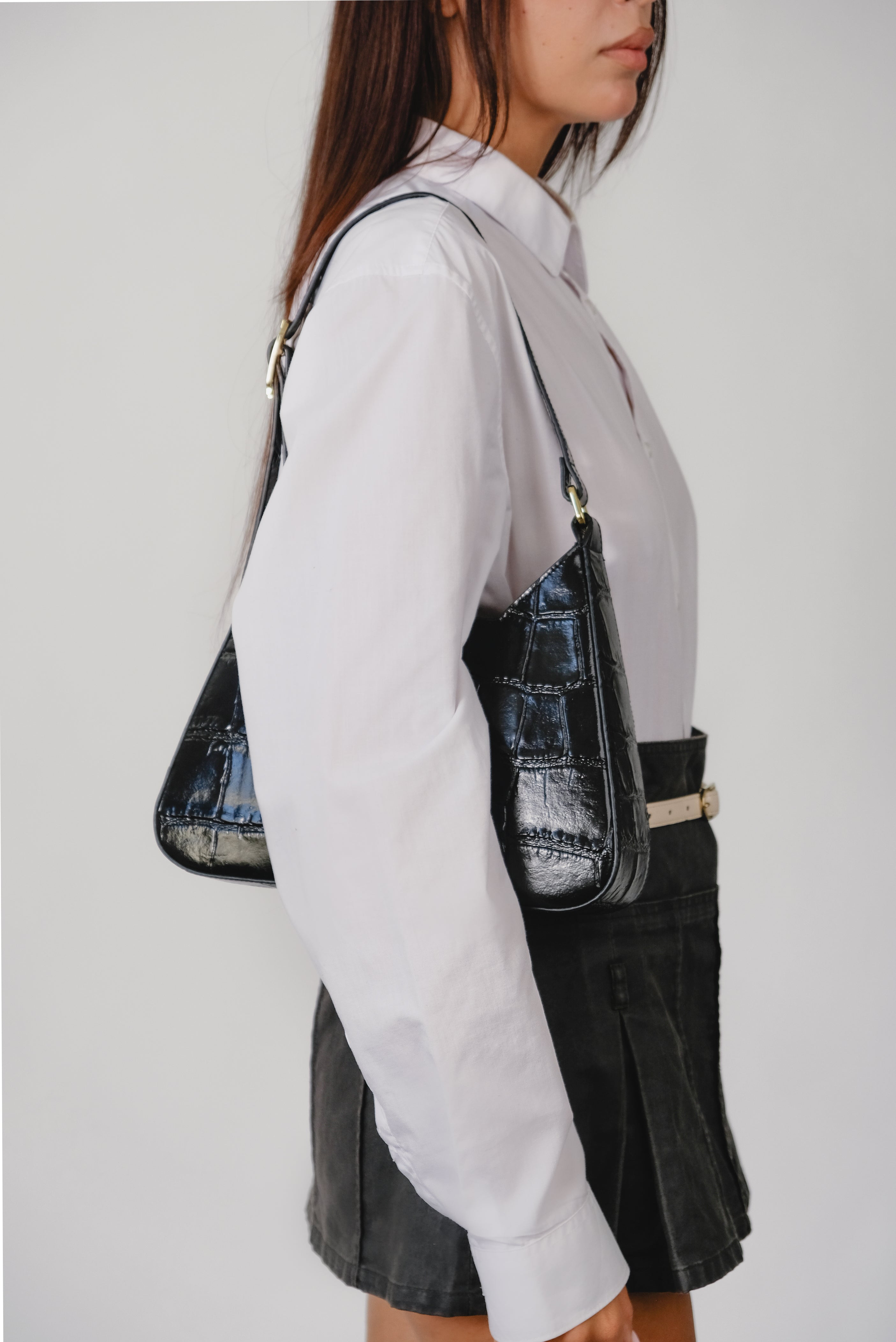 DALIA BLACK COCCO EMBOSSED LEATHER SHOULDER BAG