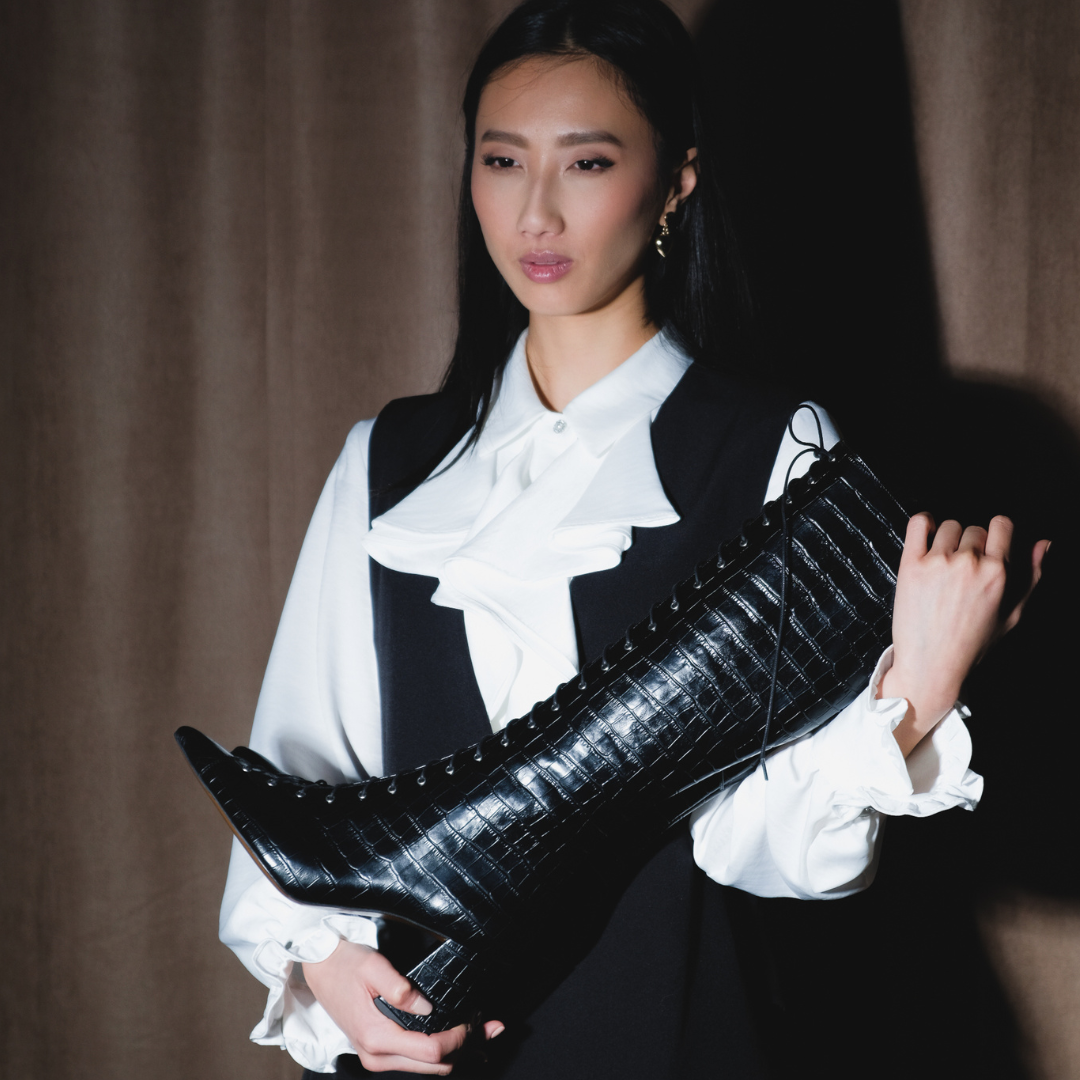MONICA 03 BLACK CROCO EMBOSSED LEATHER BOOTS