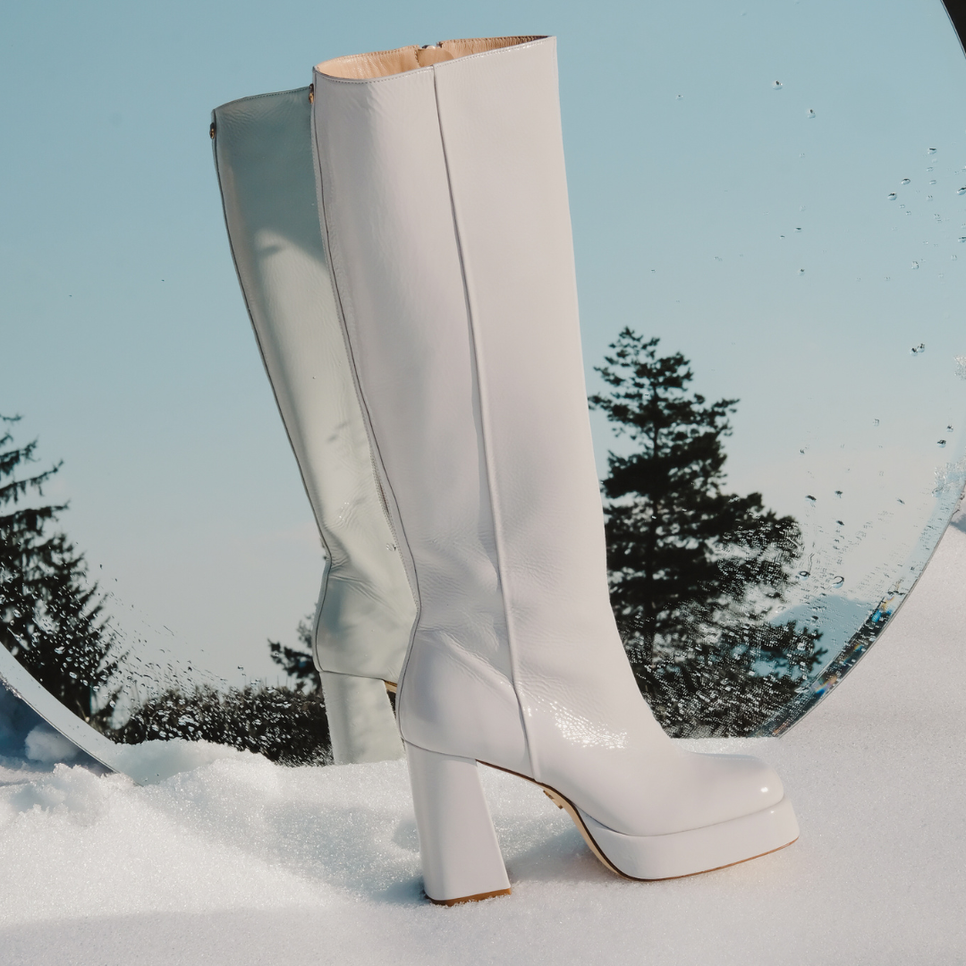 CINDY 01 STORM GRAY CRUSHED PATENT LEATHER PLATFORM BOOTS