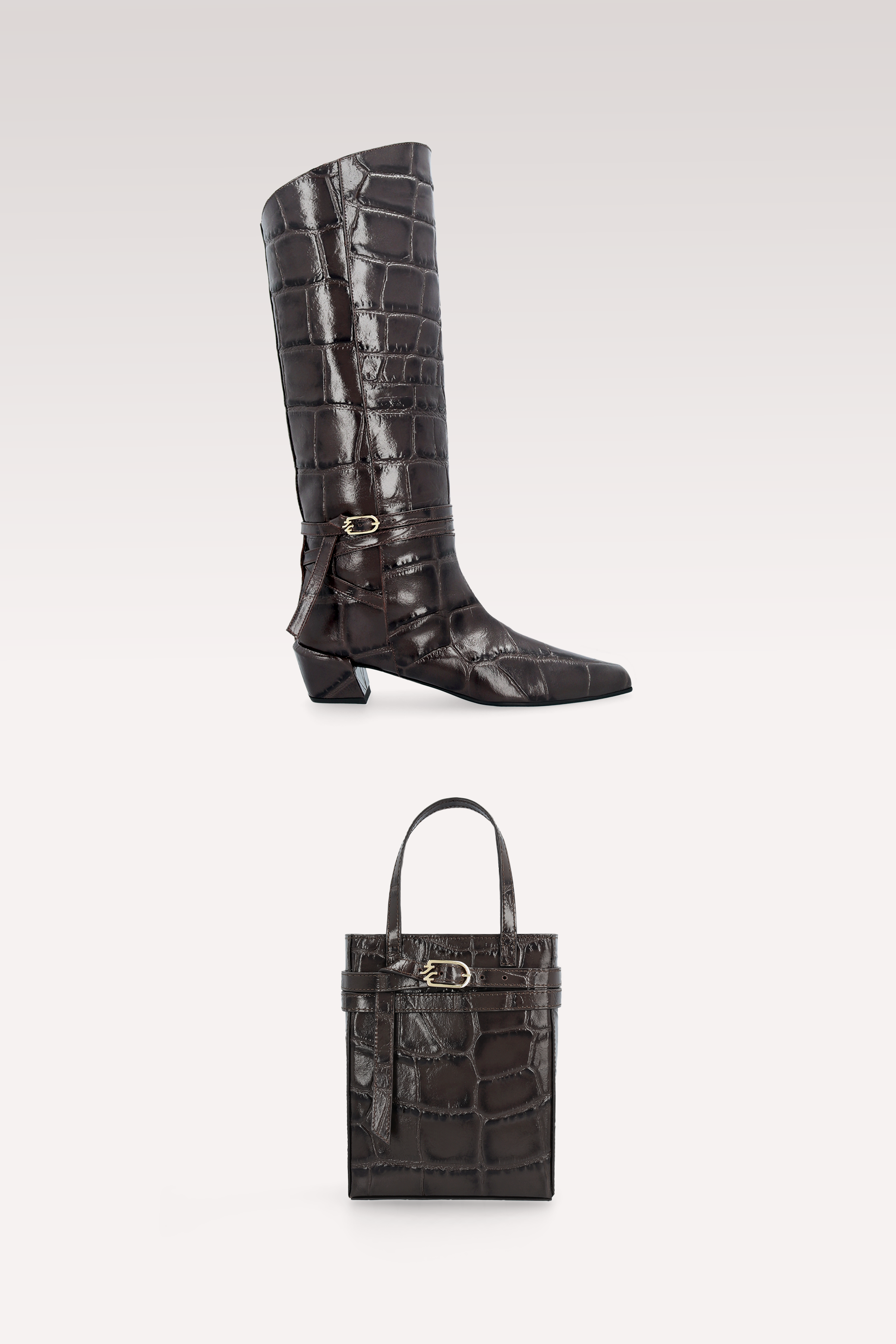 EMMA BROWN COCCO EMBOSSED LEATHER BOOTS AND CARRIE CROSSBODY BAG