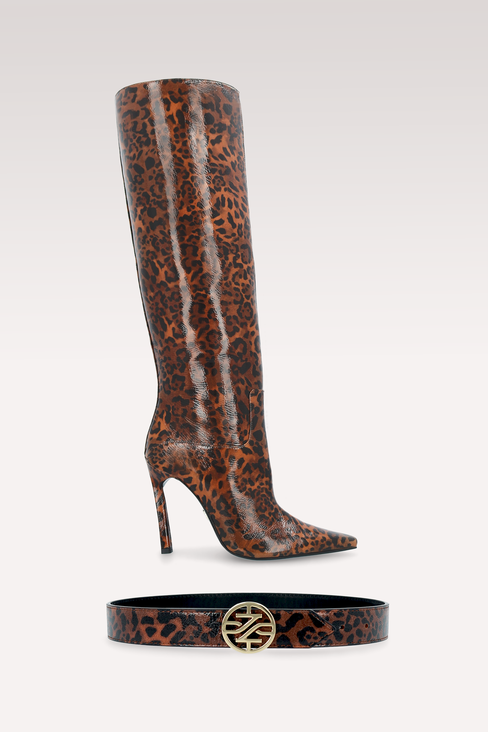 NATALIE BROWN LEOPARD PRINT LEATHER BOOTS AND KENNIE BELT