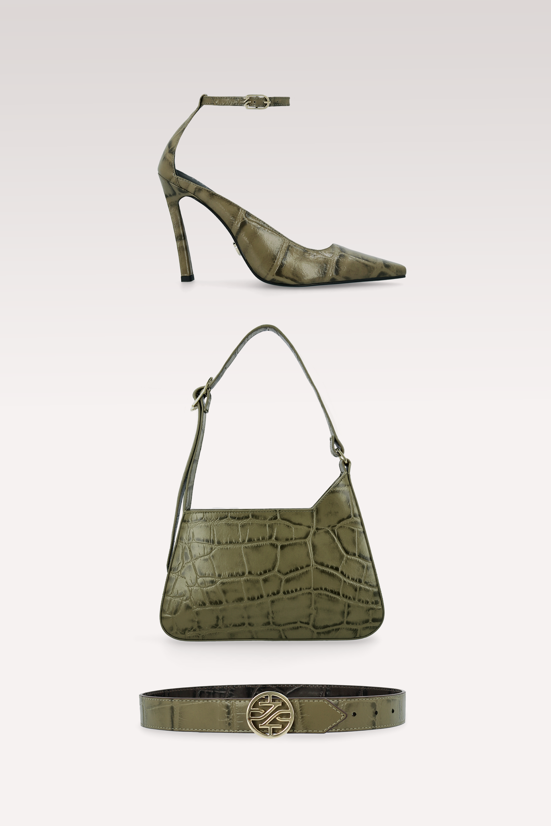 NORA OLIVIE COCCO EMBOSSED LEATHER PUMPS, DALIA SHOULDER BAG AND KEIRA 2 BELT