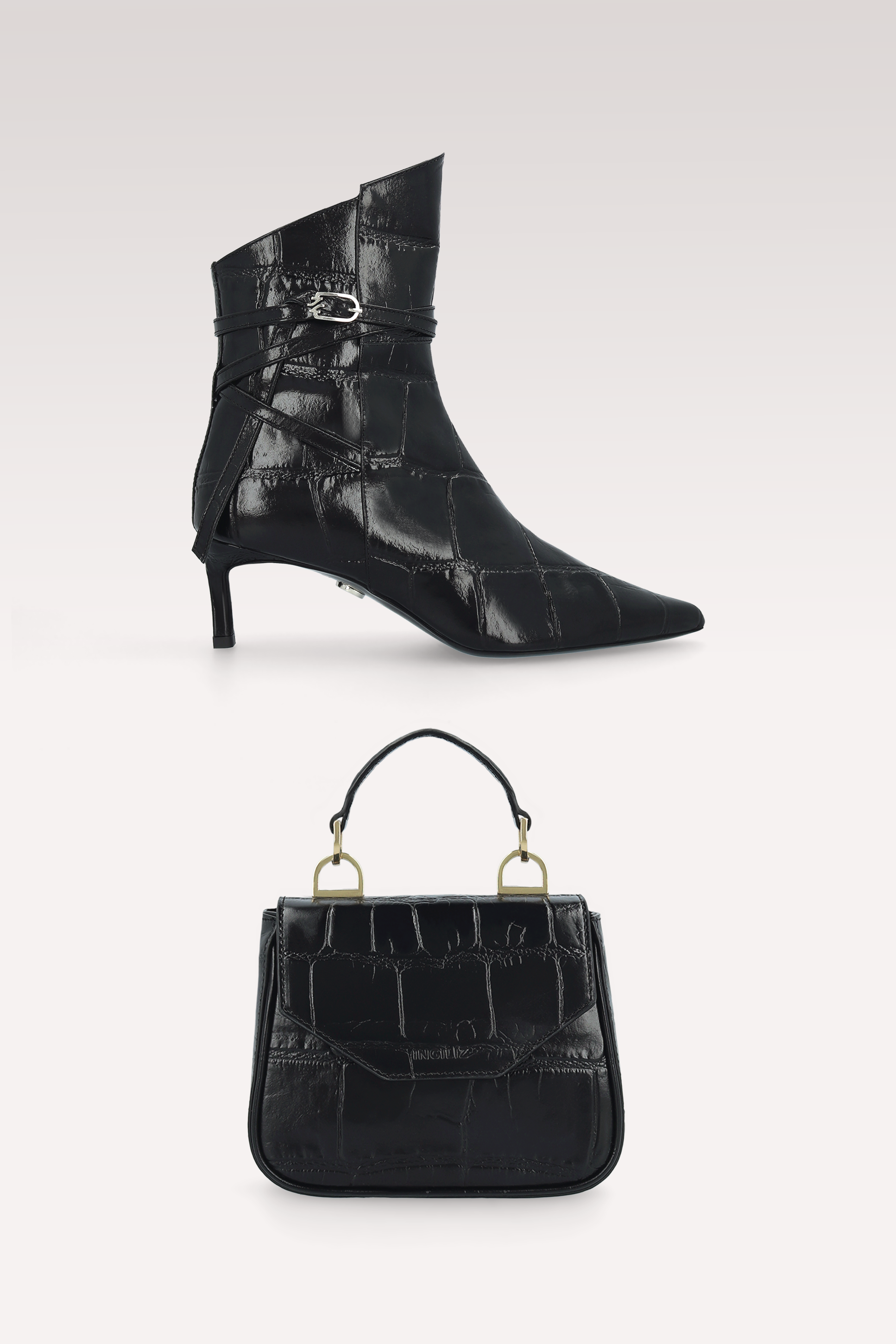 ORIANA BLACK COCCO EMBOSSED LEATHER ANKLE BOOTS AND MILLY MINI BAG
