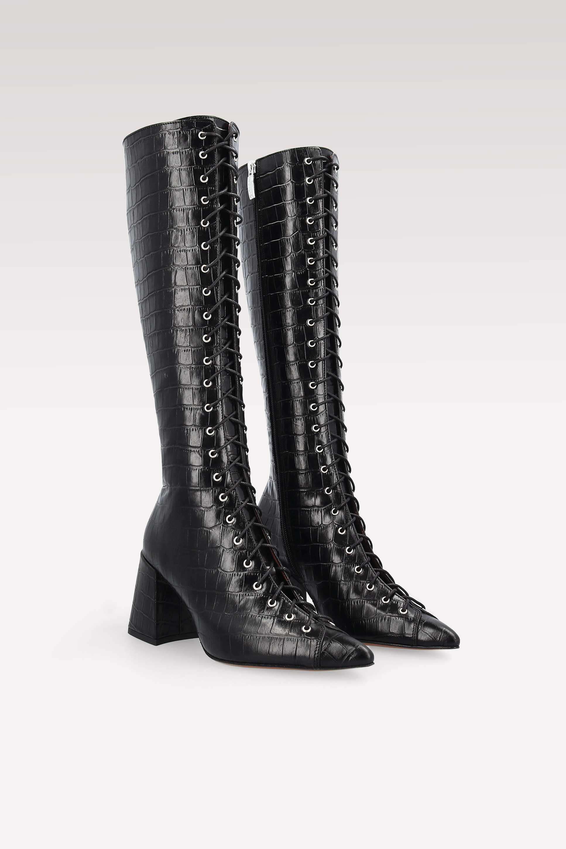 MONICA 03 BLACK CROCO EMBOSSED LEATHER BOOTS