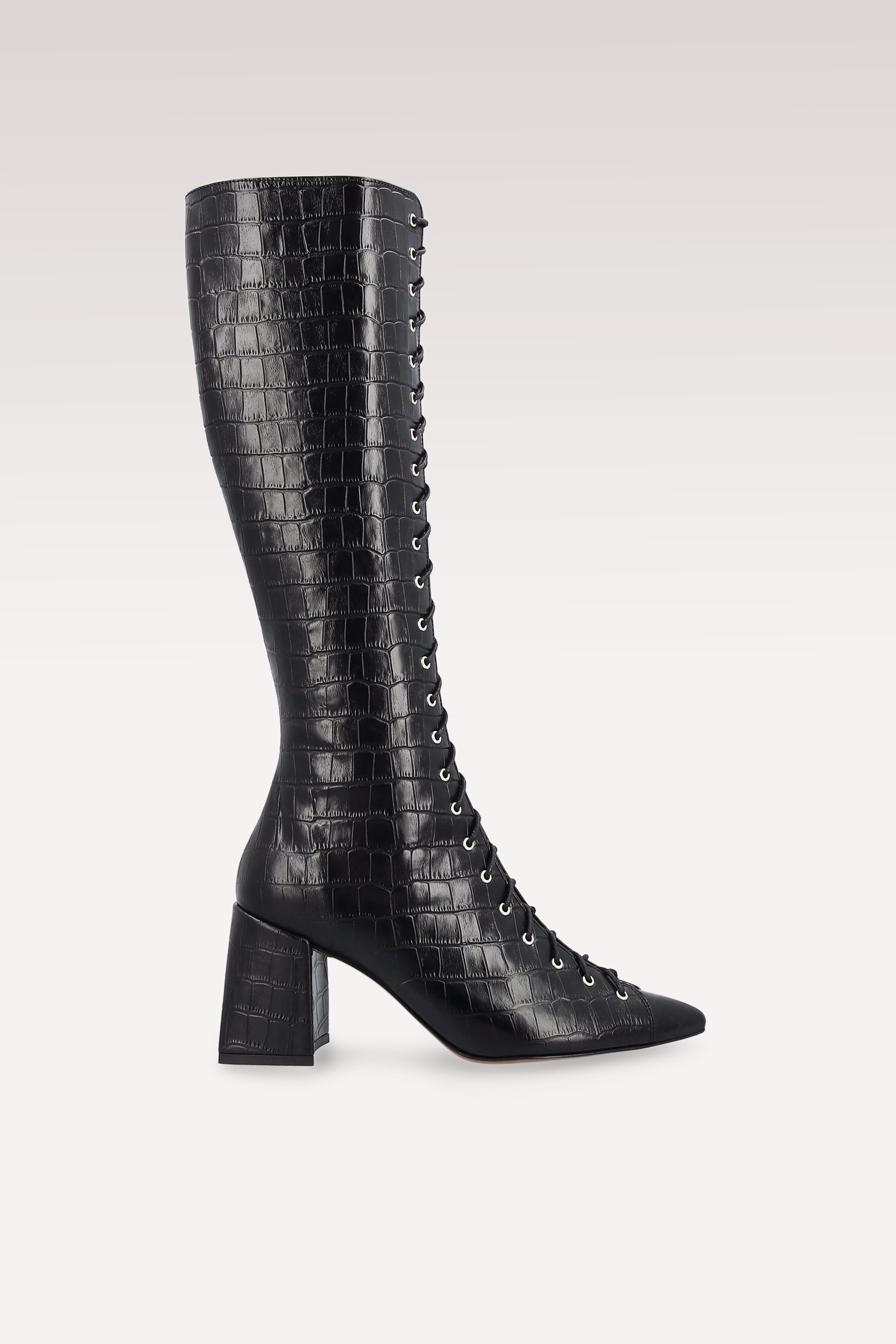 MONICA 03 BLACK CROCO EMBOSSED LEATHER BOOTS