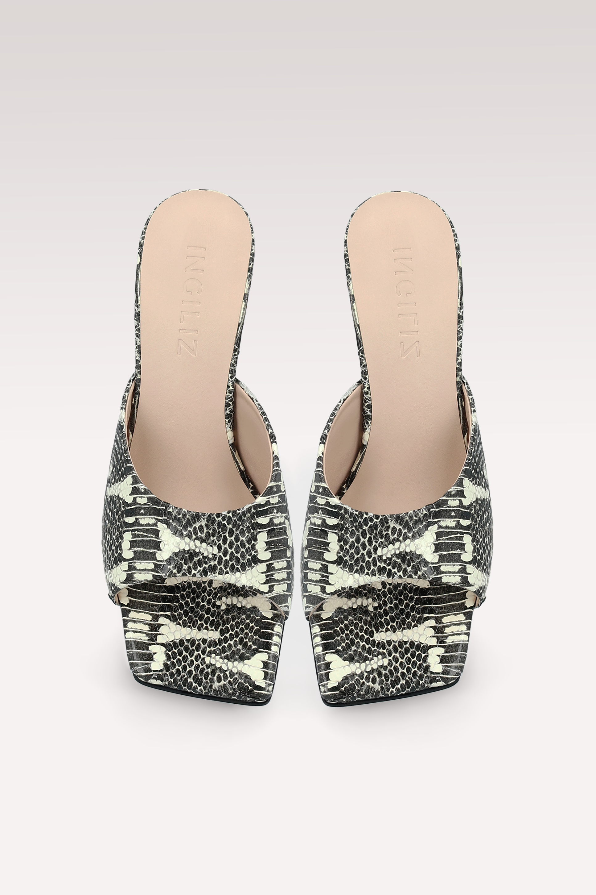 RENY BLACK AND WHITE PYTHON PRINTED LEATHER MULES