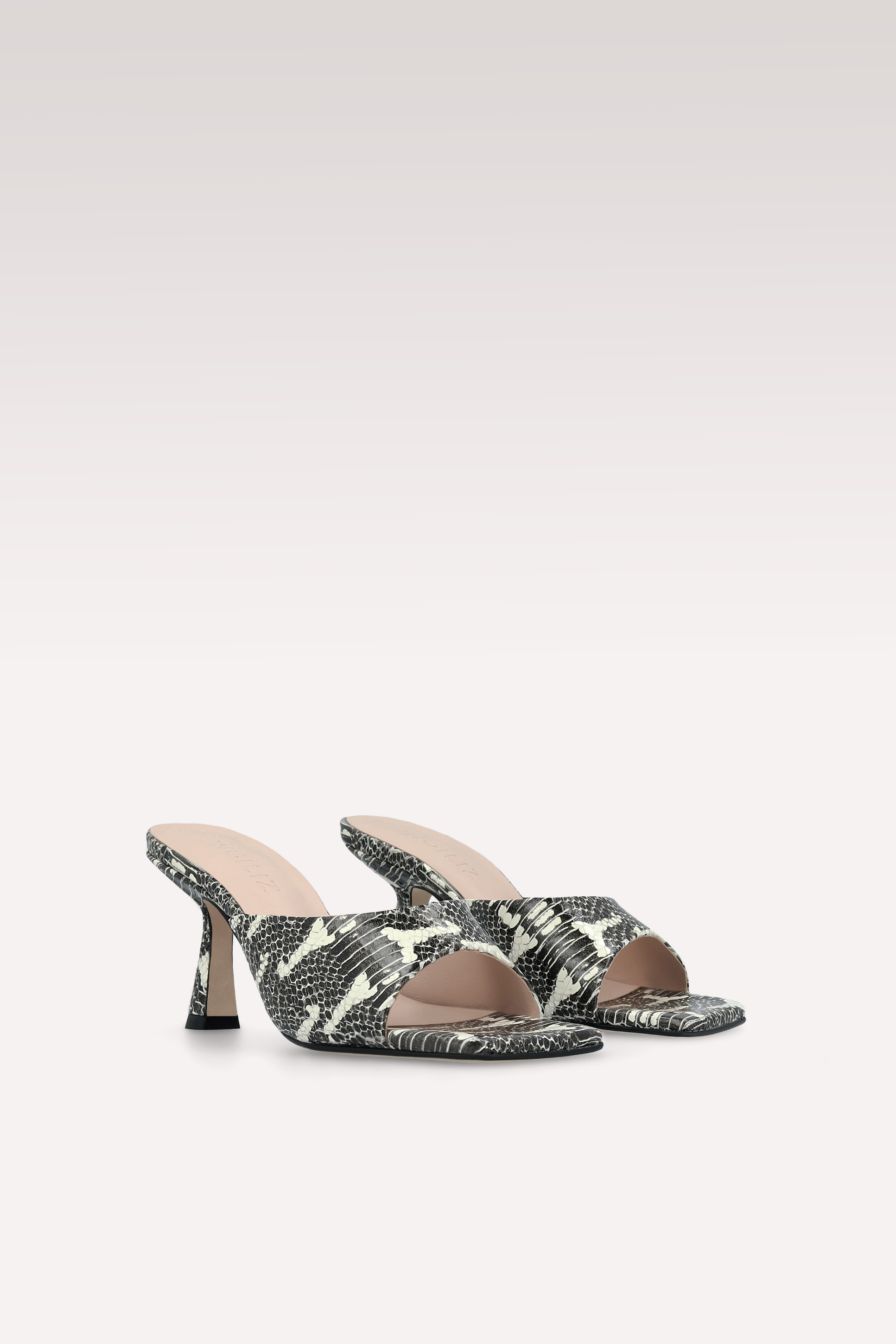 RENY BLACK AND WHITE PYTHON PRINTED LEATHER MULES