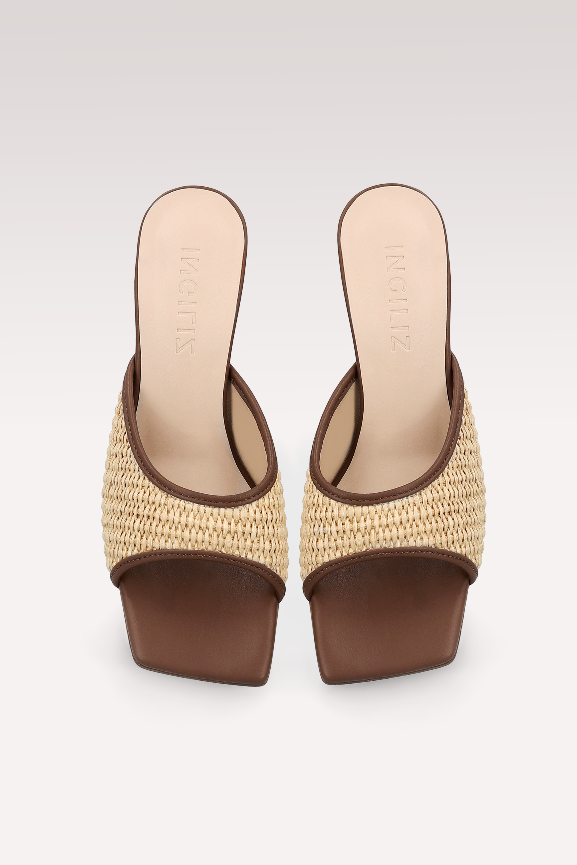 REY CHOCOLATE BROWN LEATHER AND
RAFFIA MULES