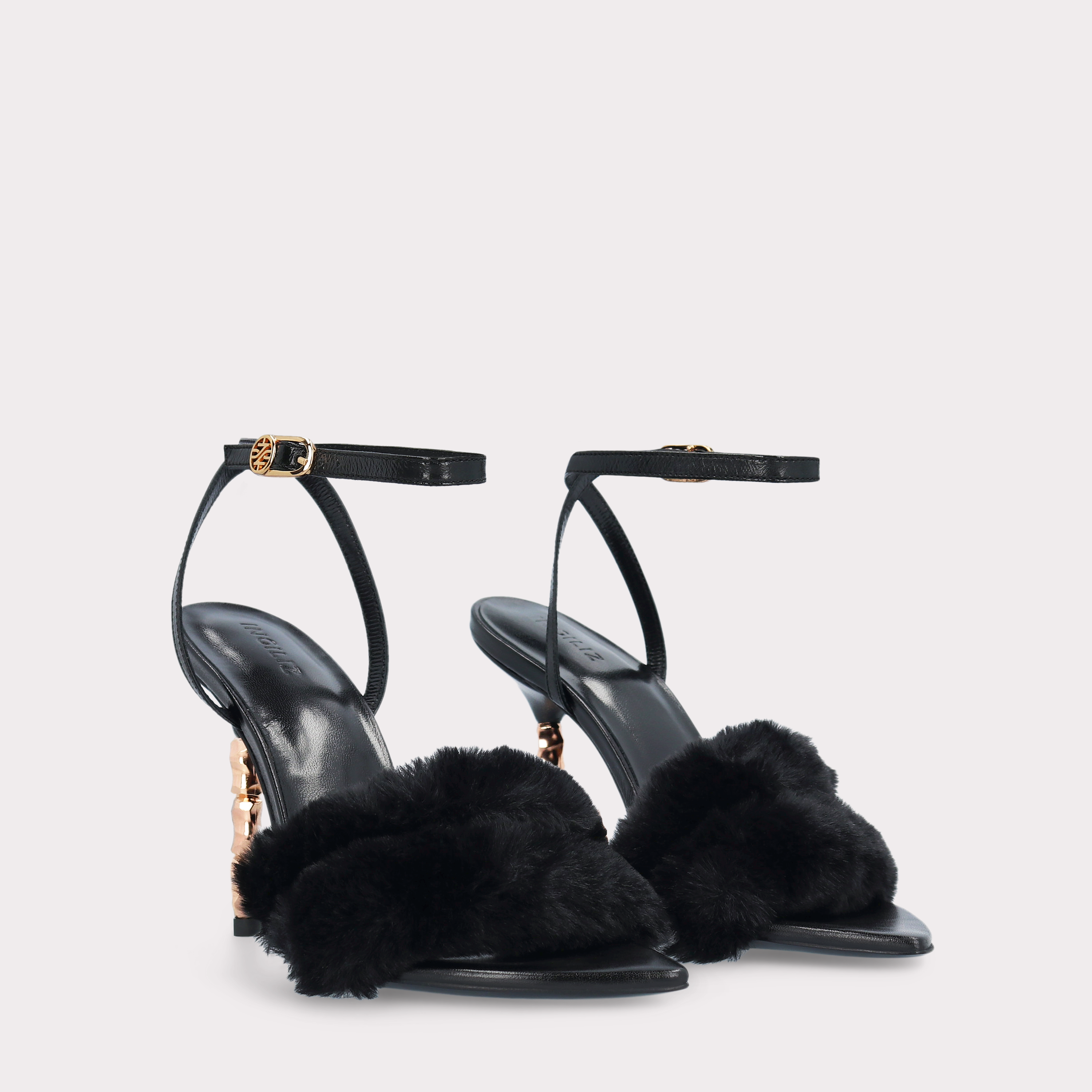 ADA 03 BLACK SMOOTH LEATHER AND BLACK FUR SANDALS