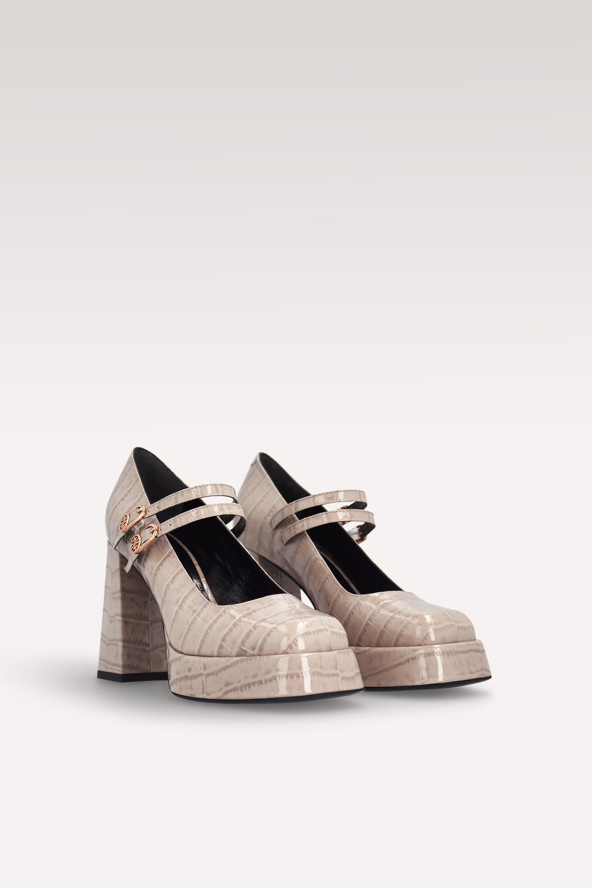 CINDY BEBE 02 BEIGE PATENT CROCO EMBOSSED LEATHER PLATFORM PUMPS