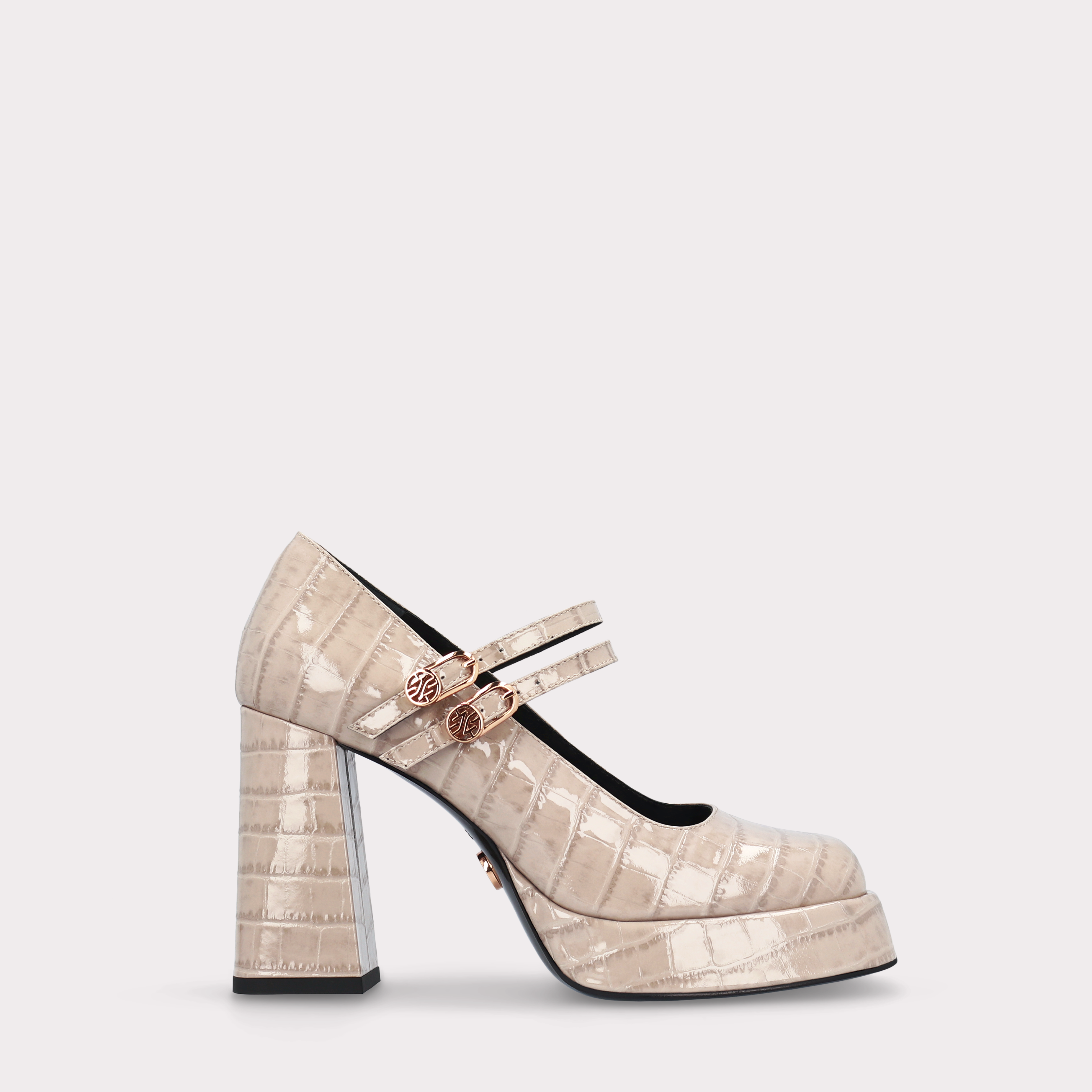 CINDY BEBE 02 BEIGE PATENT CROCO EMBOSSED LEATHER PLATFORM PUMPS