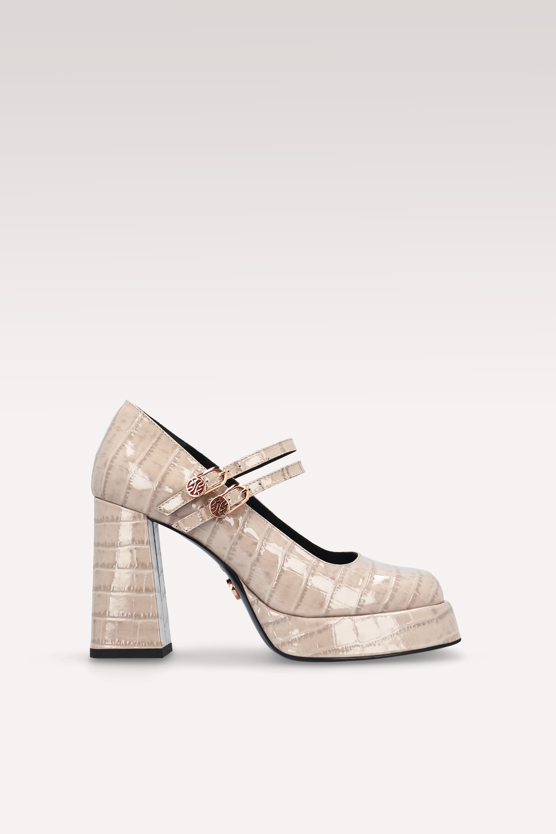 CINDY BEBE 02 BEIGE PATENT CROCO EMBOSSED LEATHER PLATFORM PUMPS