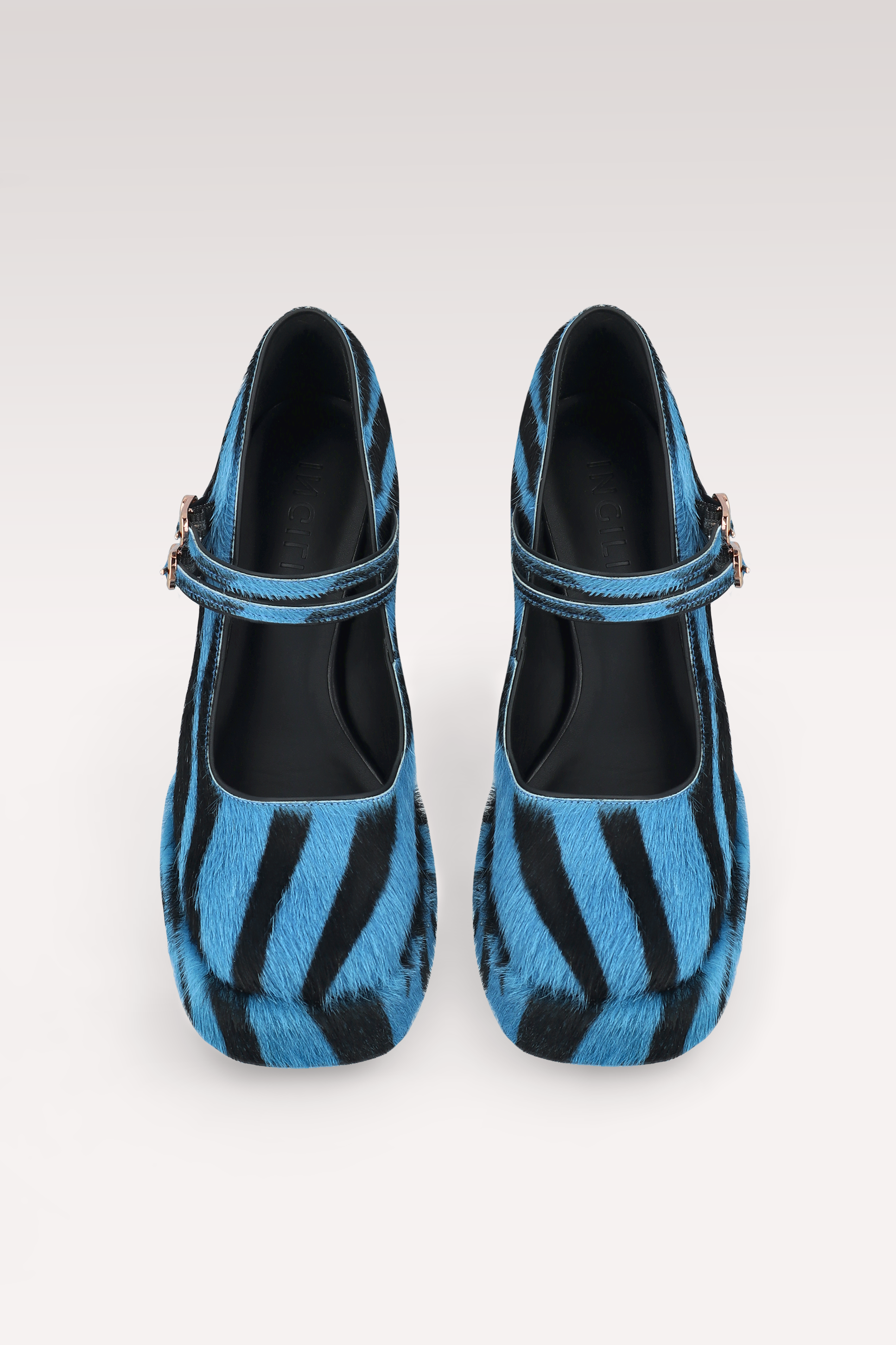CINDY BEBE TWO 01 BLUE ZEBRA PRINT CALF HAIR PUMPS