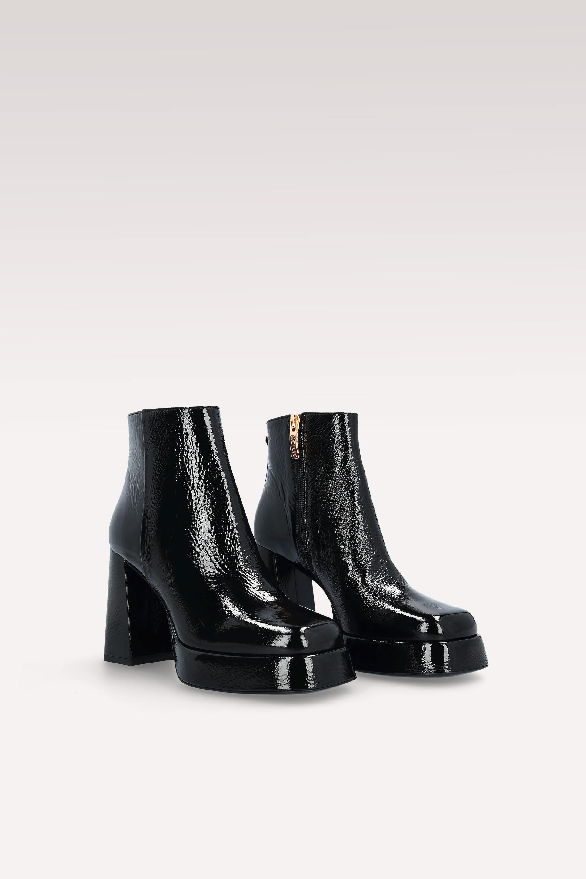 CINDY ZIP 02 BLACK CRUSHED PATENT LEATHER PLATFORM ANKLE BOOTS