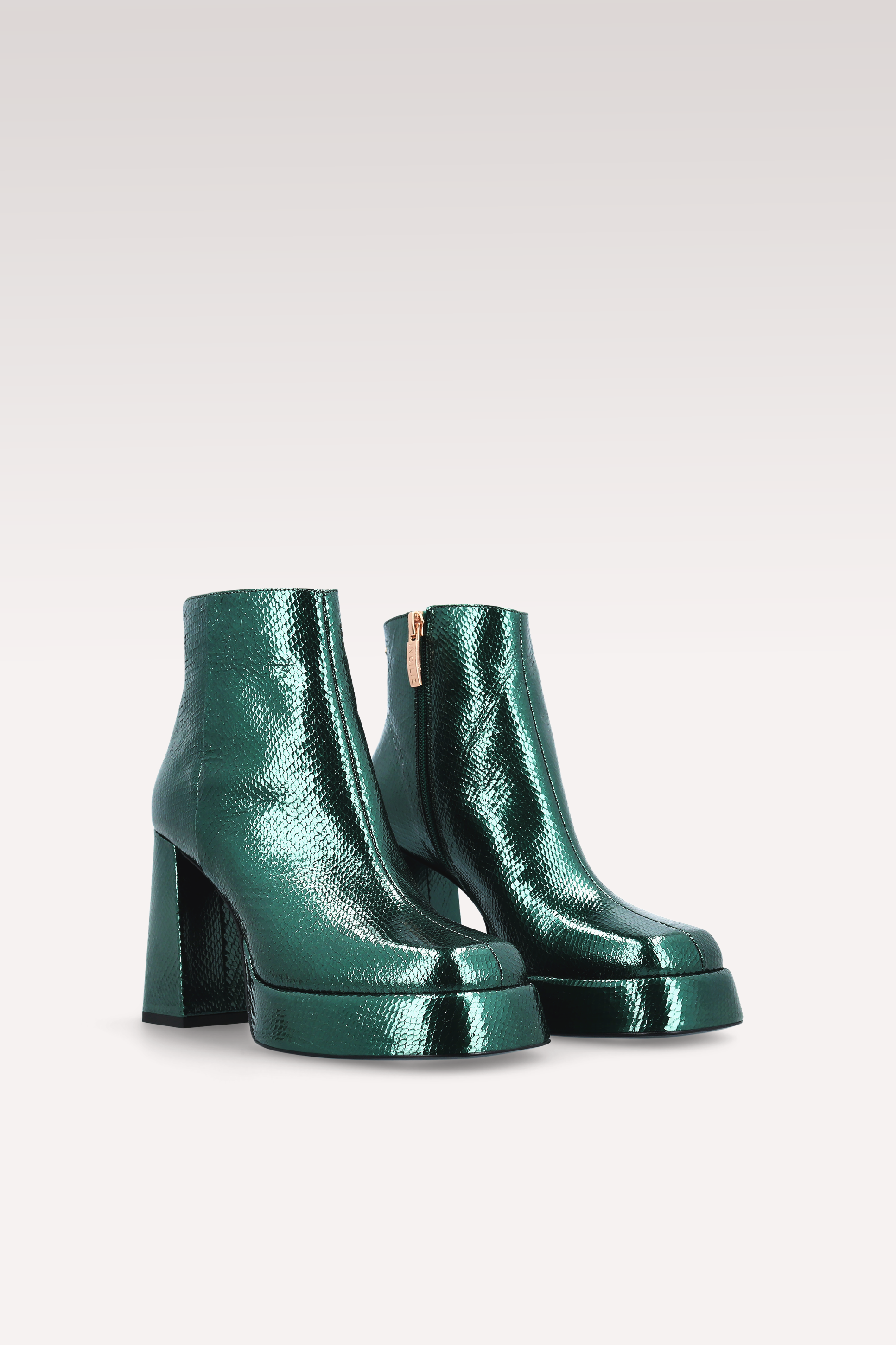 CINDY ZIP 02 MOSS GREEN MINI VIPER  EMBOSSED LEATHER PLATFORM ANKLE BOOTS