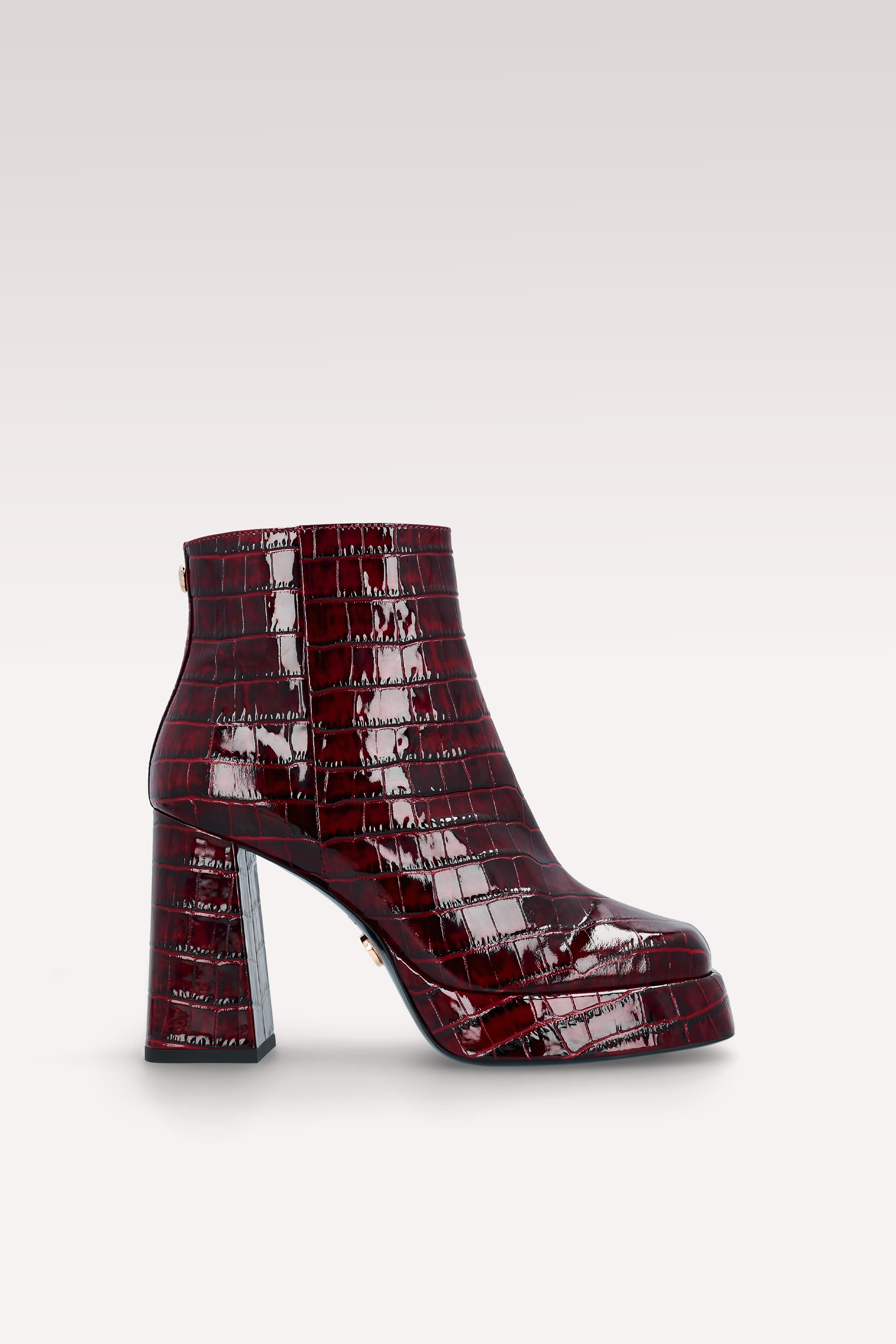 CINDY ZIP 02 BURGUNDY PATENT CROCO EMBOSSED LEATHER PLATFORM ANKLE BOOTS