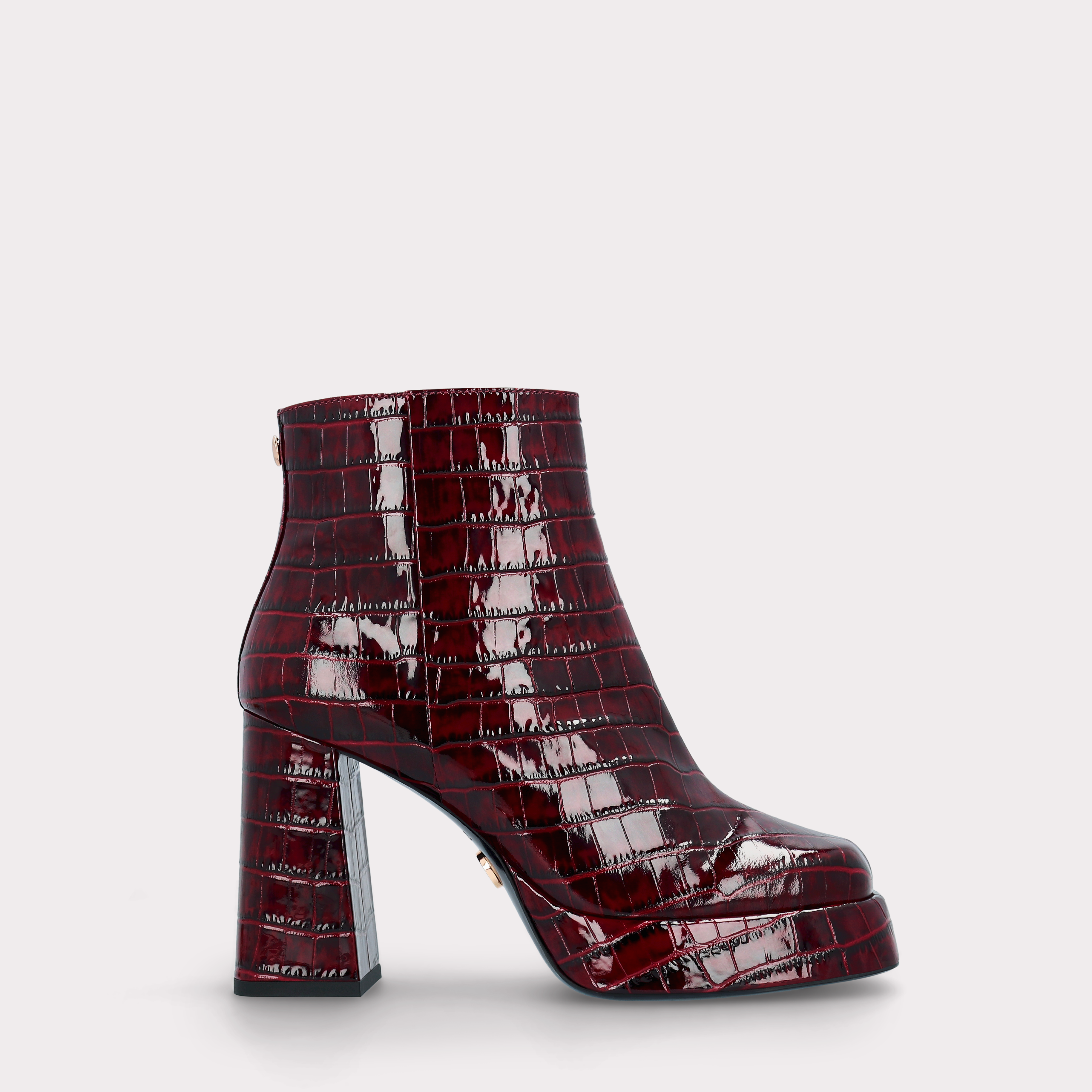 CINDY ZIP 02 BURGUNDY PATENT CROCO EMBOSSED LEATHER PLATFORM ANKLE BOOTS