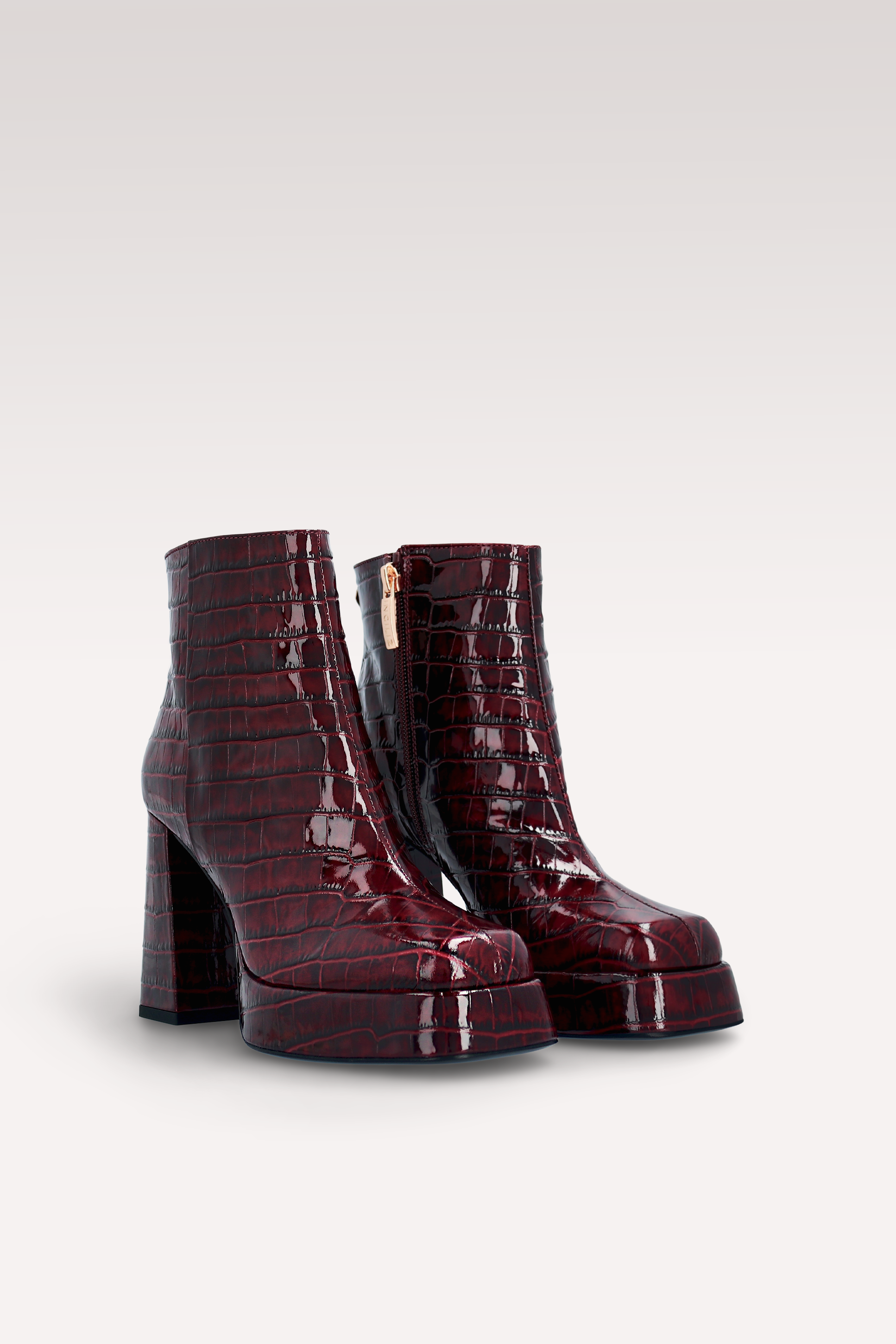 CINDY ZIP 02 BURGUNDY PATENT CROCO EMBOSSED LEATHER PLATFORM ANKLE BOOTS
