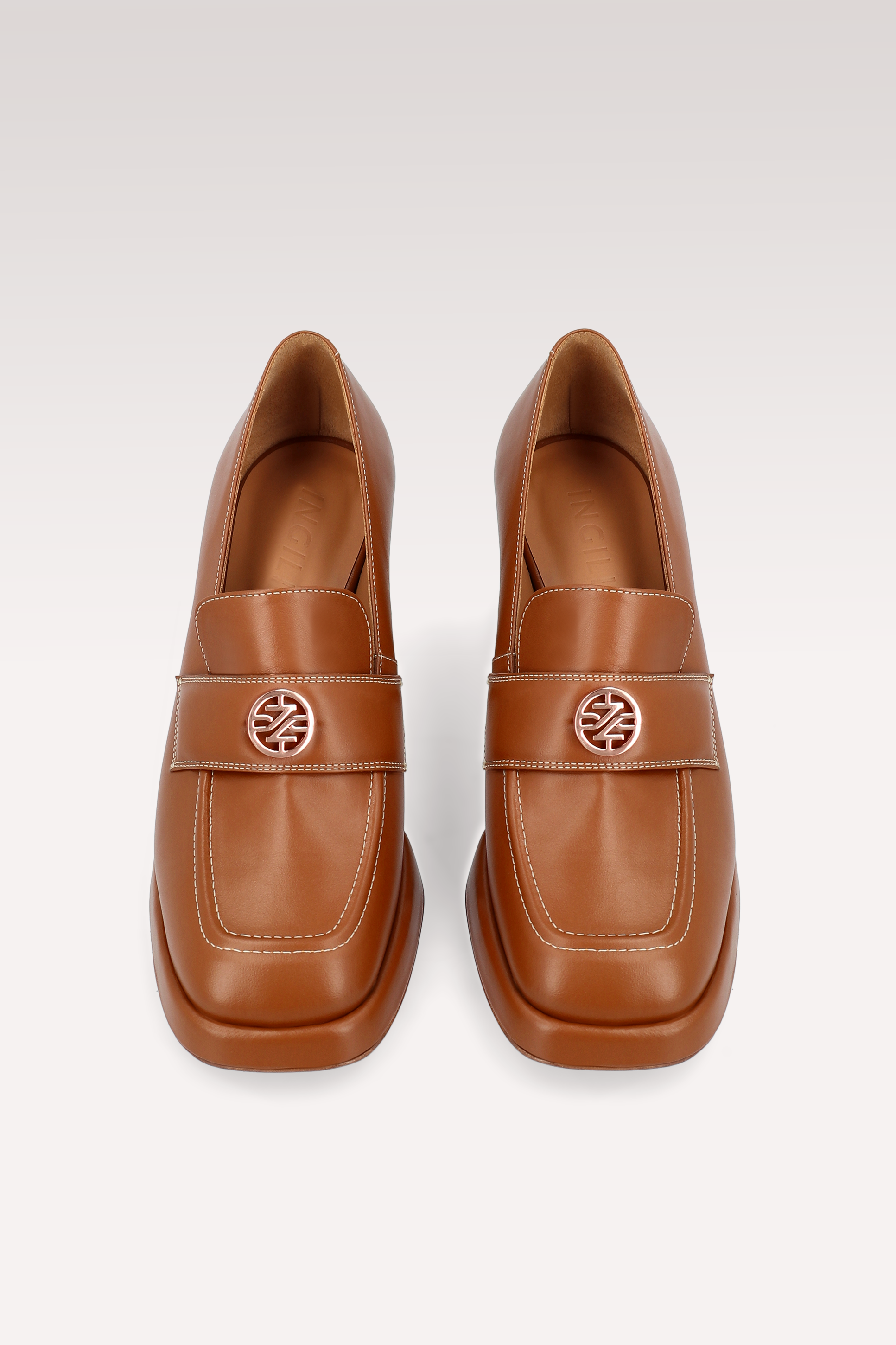 CONNIE MOK 02 BROWN STITCH LEATHER PLATFORM PUMPS