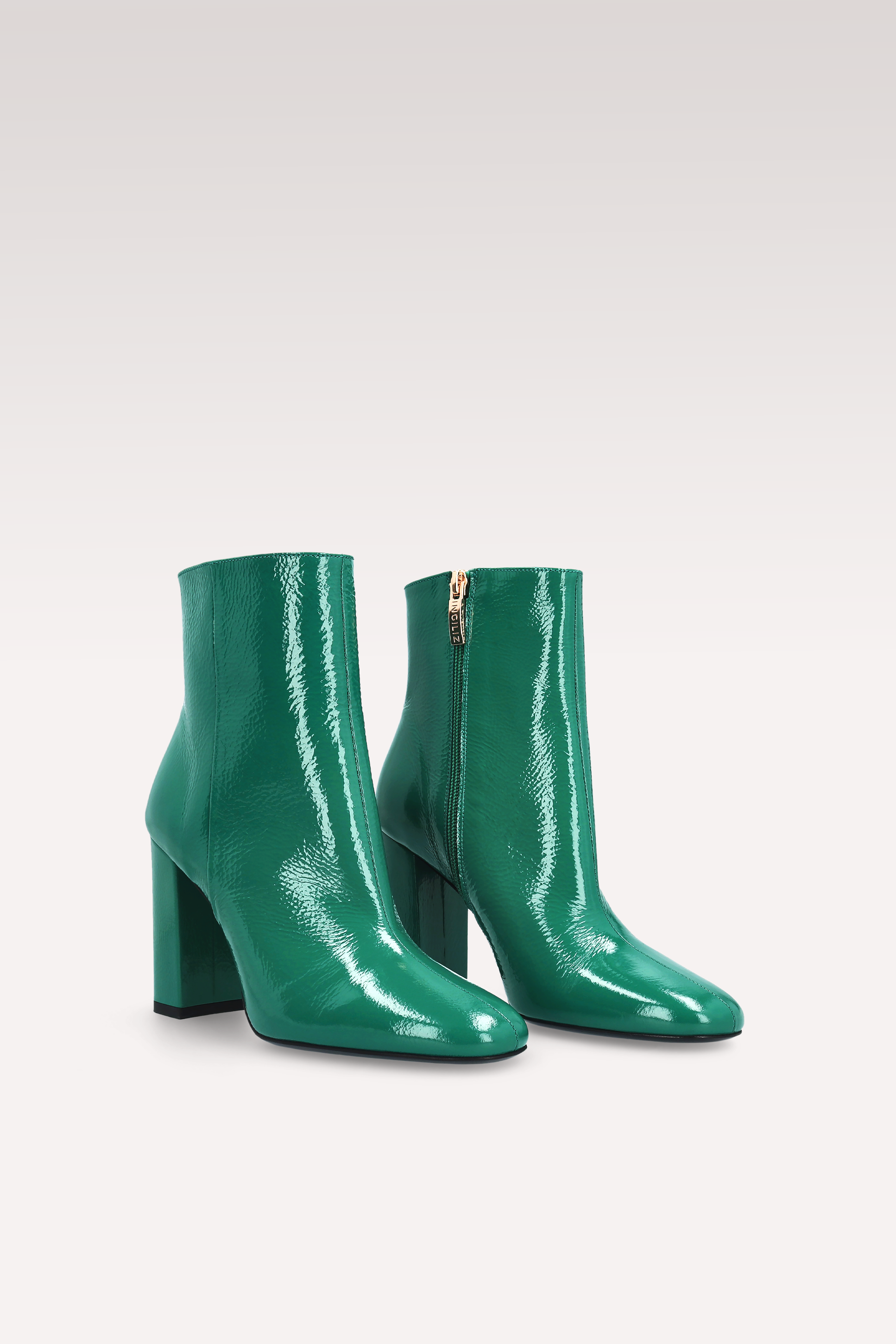 DELMA ZIP 02 GREEN CRUSHED PATENT LEATHER ANKLE BOOTS