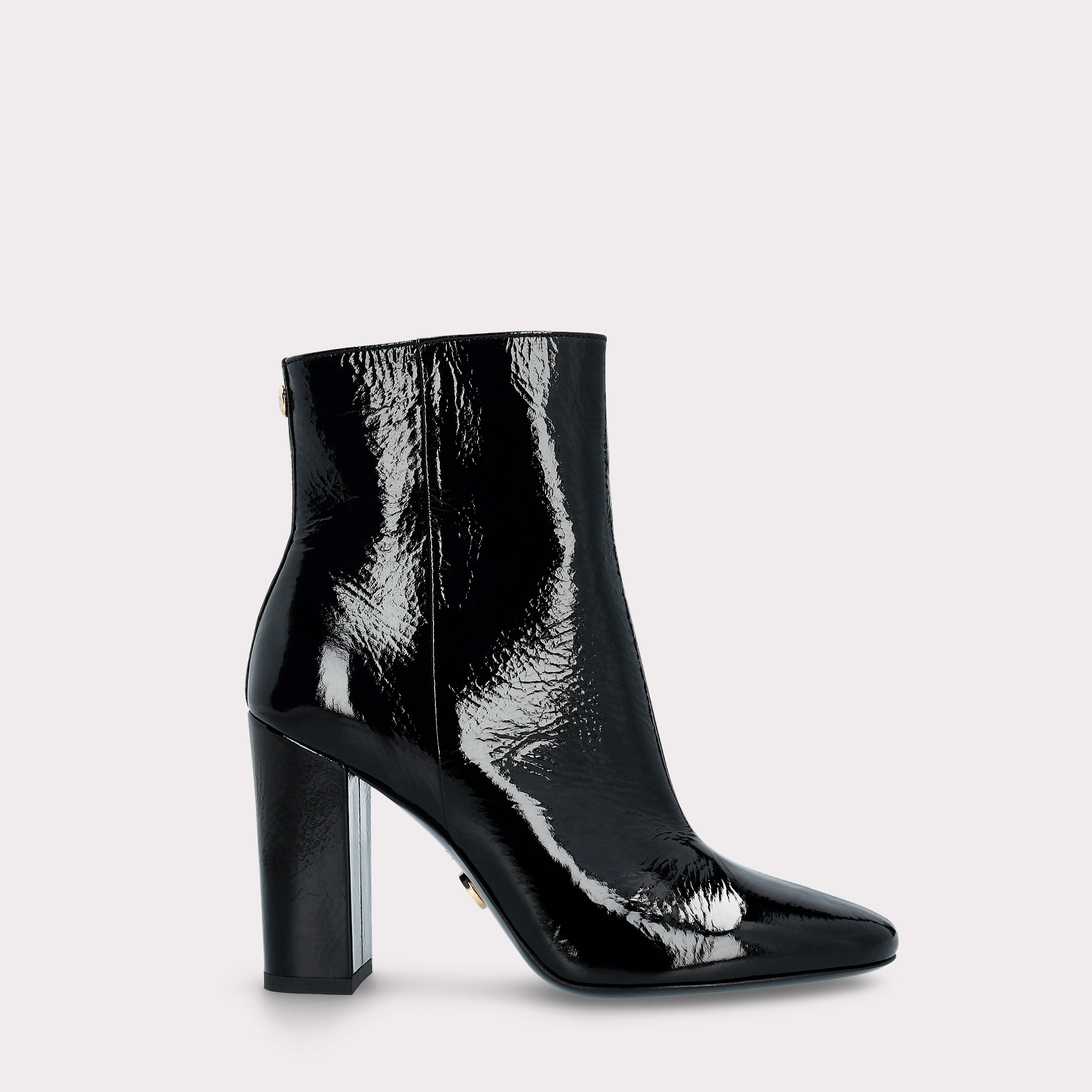 DELMA ZIP 02 BLACK CRUSHED PATENT LEATHER ANKLE BOOTS