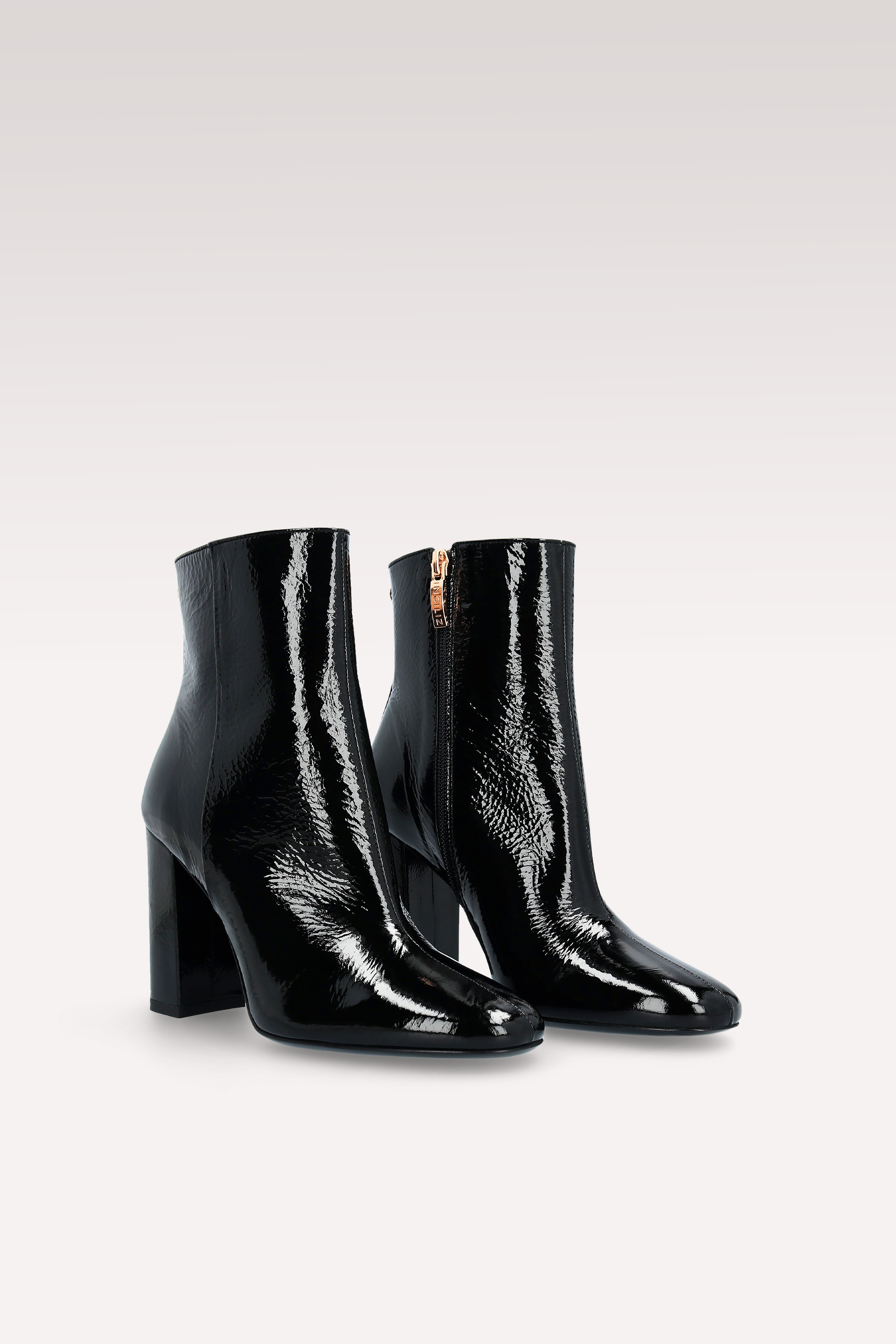 DELMA ZIP 02 BLACK CRUSHED PATENT LEATHER ANKLE BOOTS