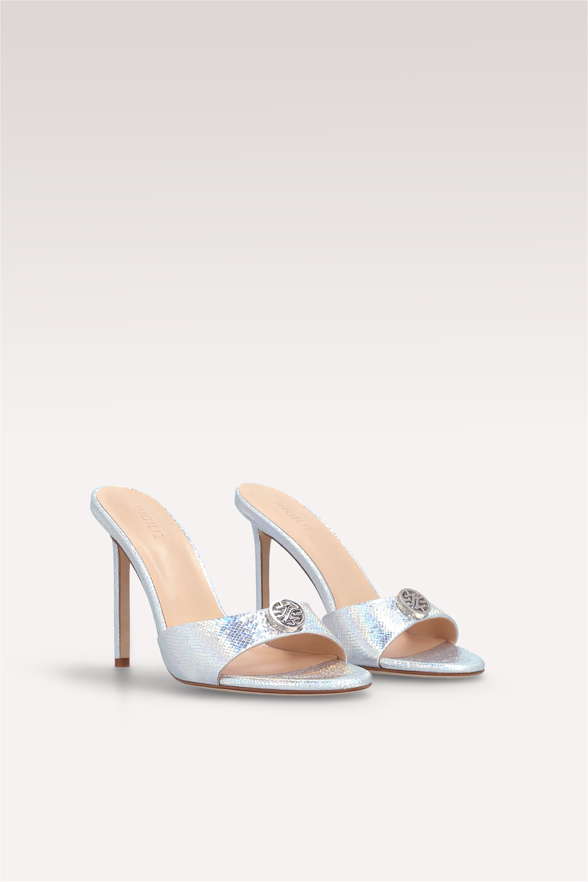 ATHENA 02 SILVER EMBOSSED LEATHER MULES