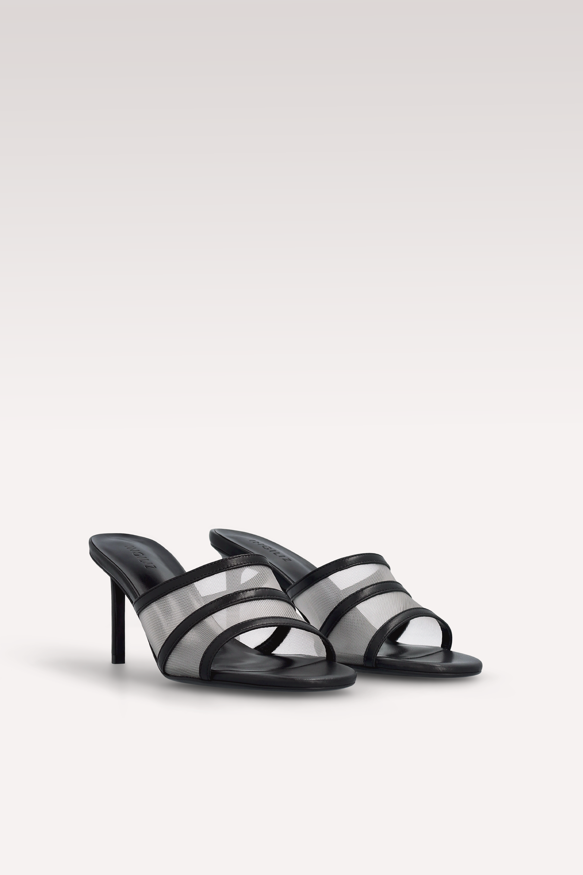 ADELINE BLACK LEATHER AND WHITE MESH MULES