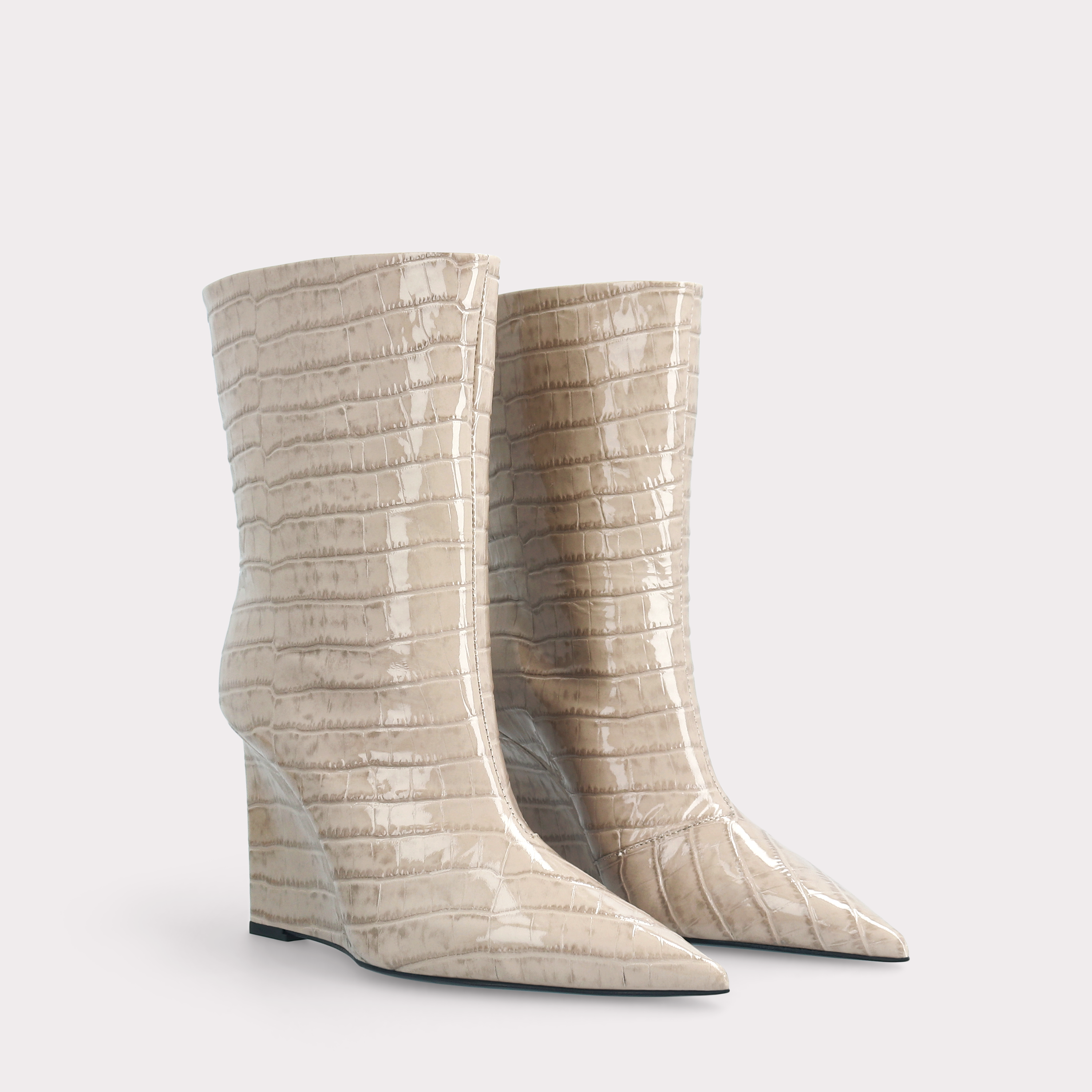 ZEUDI 01 BEIGE PATENT CROCO EMBOSSED LEATHER EDGE HEEL ANKLE BOOTS